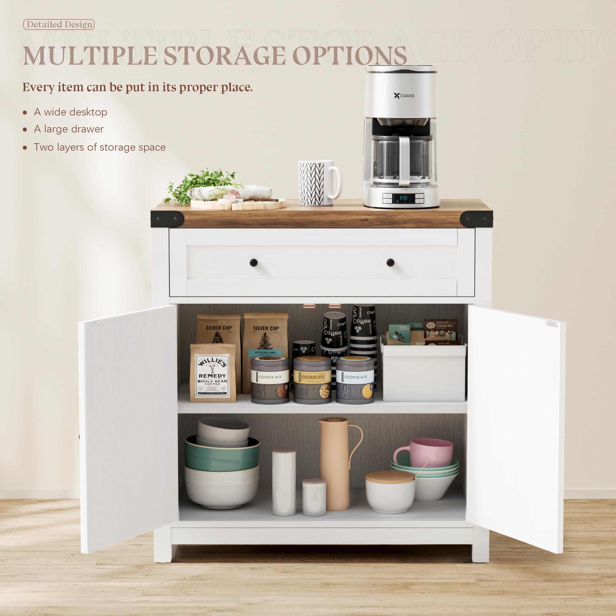 YESHOMY Farmhouse Coffee Bar Cabinet with Barn Door - Rustic White Buffet Sideboard with Drawer & Adjustable Shelf - Wide Desktop for Kitchen, Dining Room, Bathroom, Entryway - Perfect for Coffee Station, Storage & Home Decor