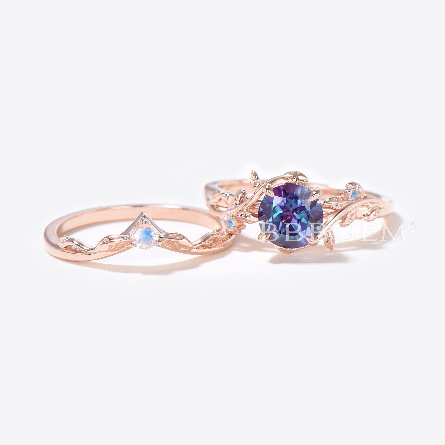 Rose Gold Leaf Round Alexandrite Engagement Ring Set - Vintage Branch Vine Moonstone Wedding Band - Perfect for Bridal Jewelry, Anniversary Gifts & Romantic Proposals