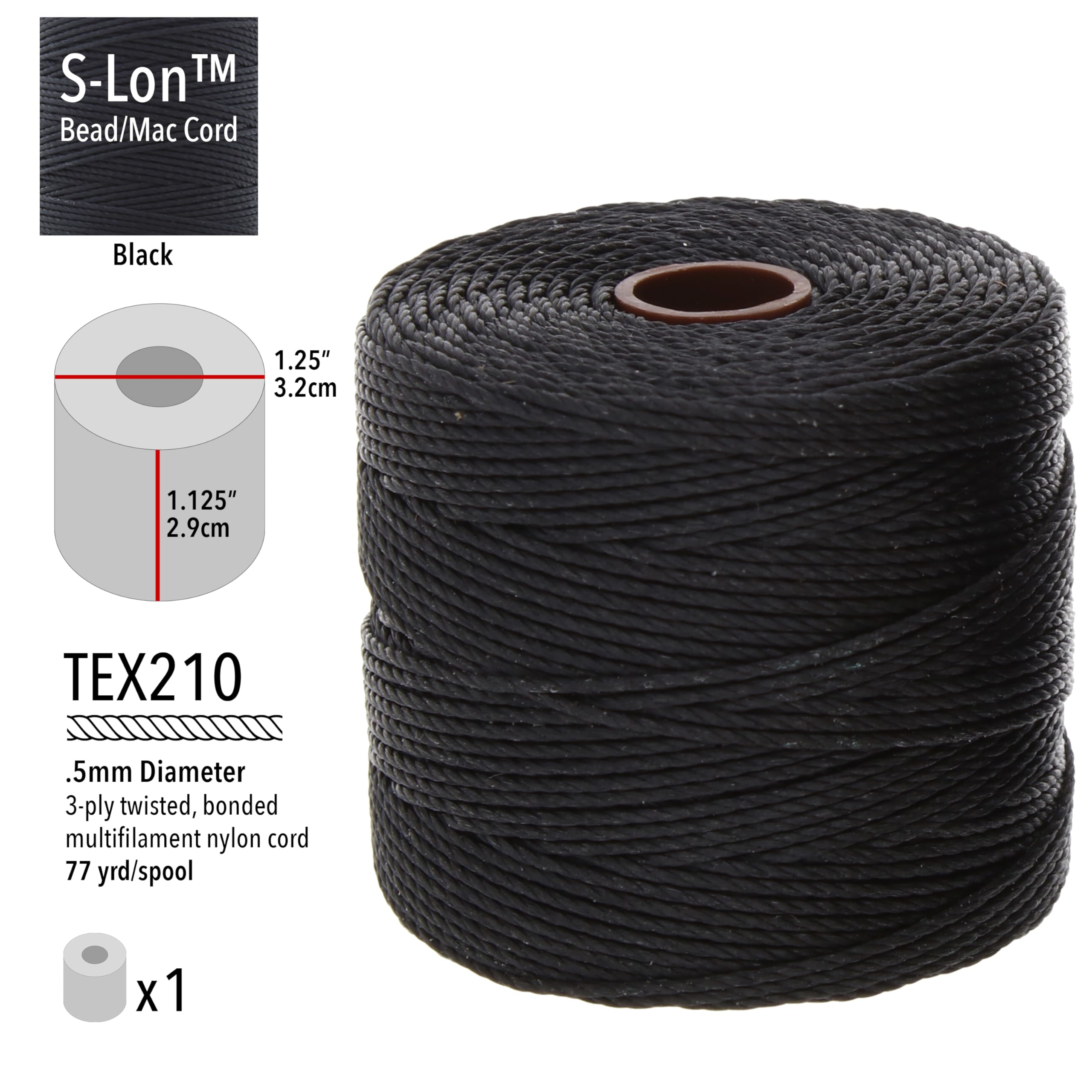 The Beadsmith S-Lon Bead Cord – 0.5mm Twisted Nylon Stringing Cord for Jewelry Making, Black (TEX210) – 77 Yards Spool – Perfect for Beading, Bracelets & DIY Craft Projects