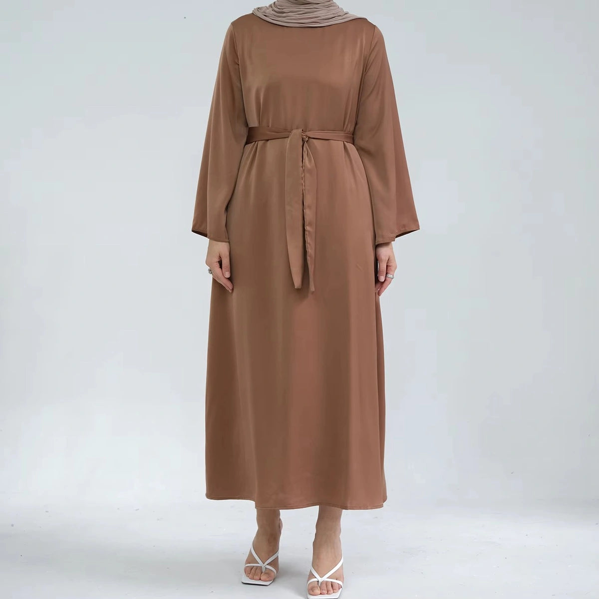 Elegant Muslim Women's Solid Color Satin Abaya Dress with Pocket & Belt - Perfect for Prayer, Eid, and Special Occasions