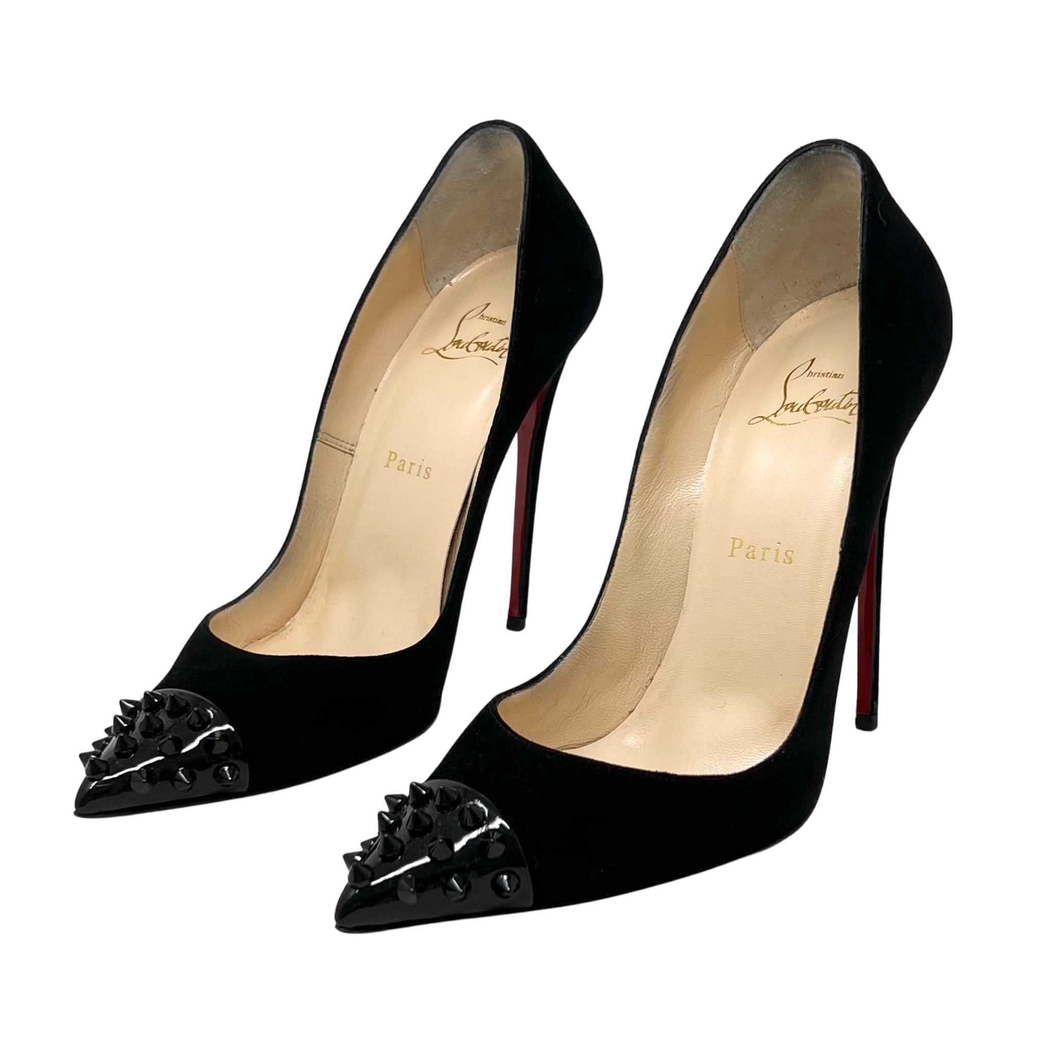 Christian Louboutin Black Suede GEO Spike Pumps Women's High Heels Size 38 - Perfect for Evening Parties, Weddings & Special Occasions