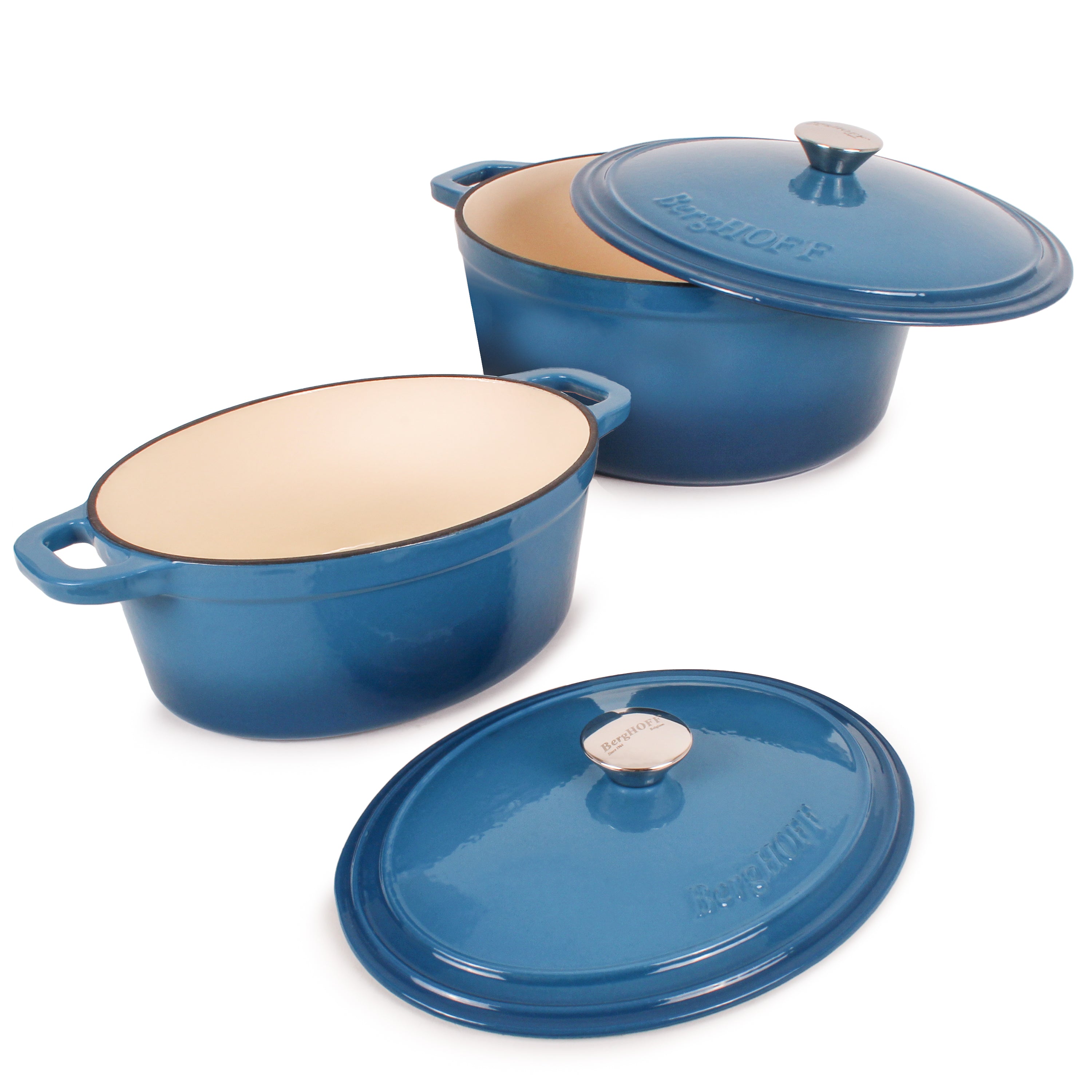 BergHOFF Neo 6-Piece Cast Iron Dutch Oven Cookware Set with Lids - Blue Enameled Pot for Braising, Stewing & Baking - Perfect for Stovetop, Oven & Camping Cooking