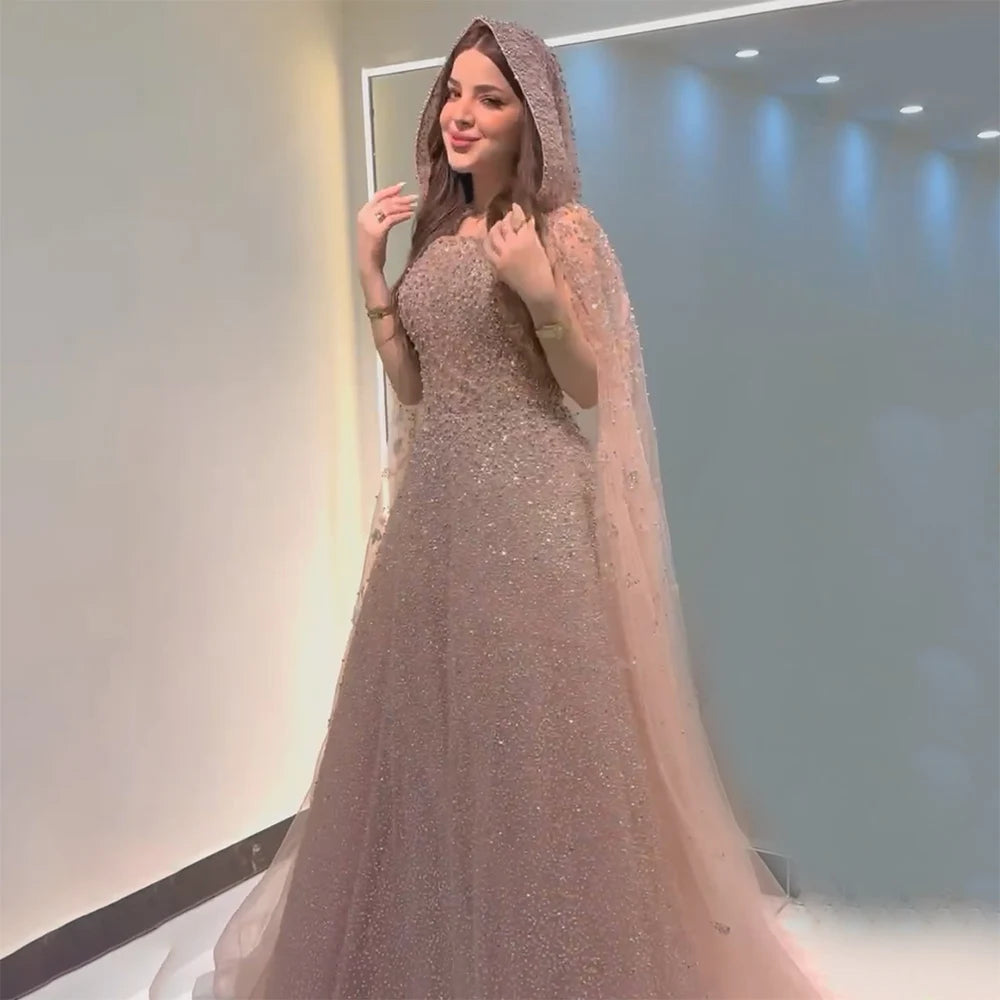 Luxury Dubai Saudi Arabic Turquoise Evening Gown with Beaded Dress & Elegant Hooded Cape - Formal Gowns for Women - Perfect for Weddings, Galas & Special Occasions