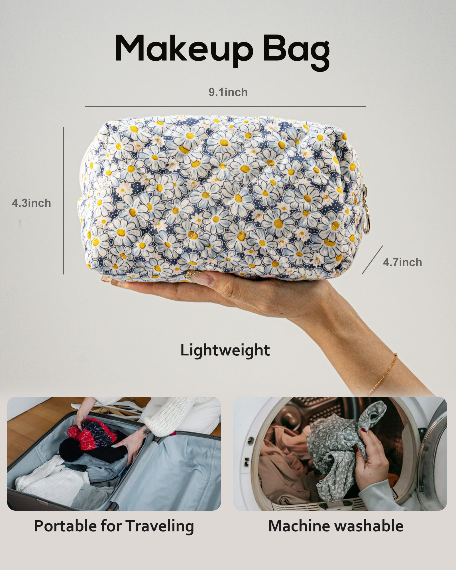 Floral Quilted Makeup Bag for Women | Daisy Cosmetic Pouch | Blue Flower Travel Toiletry Organizer | Cotton Makeup Case | Perfect for Travel, Gym & Daily Essentials Storage
