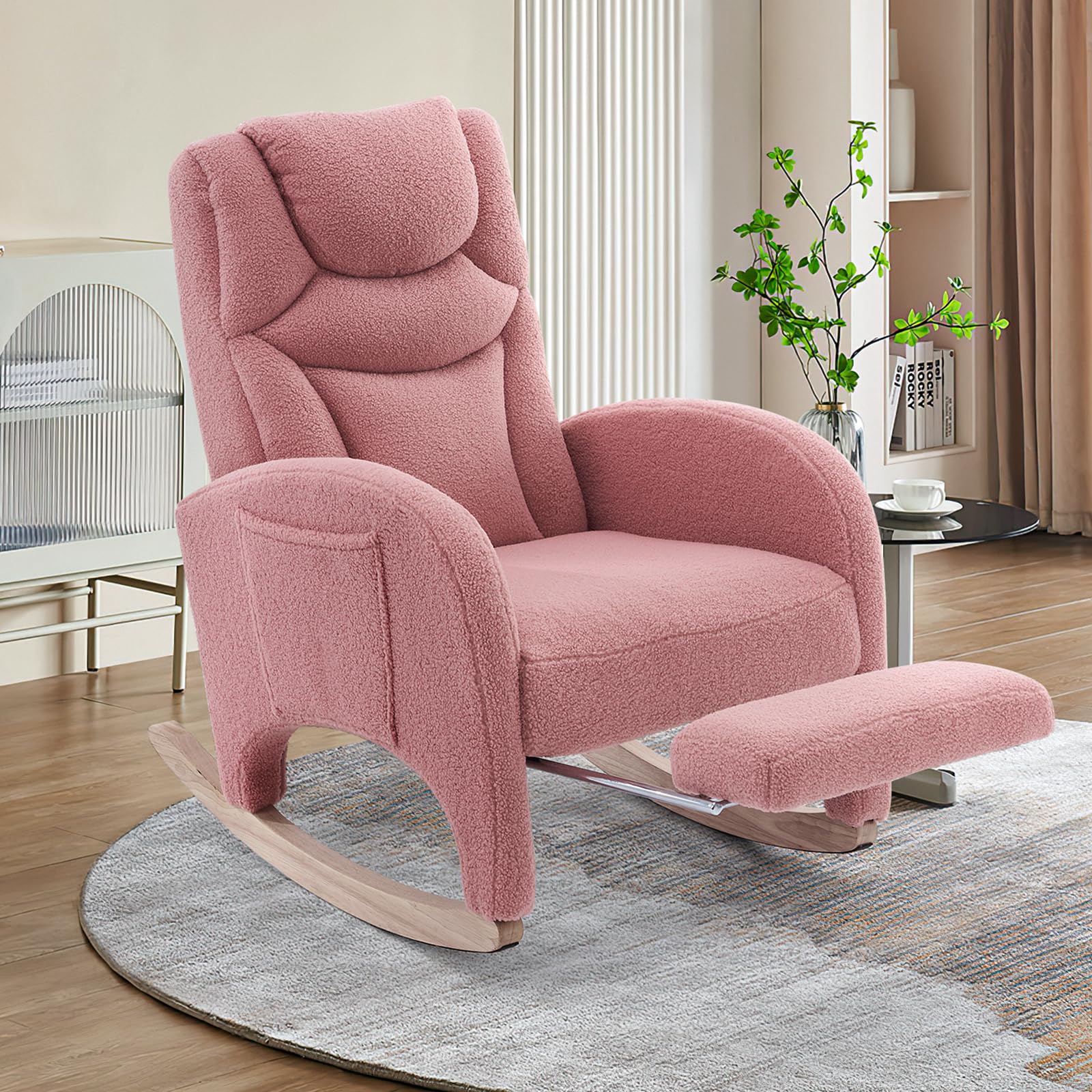 Hommoo Modern Teddy Fabric Rocking Chair with Adjustable Footrest - High Back Nursery Glider Rocker for Mom and Baby, Pink - Perfect for Nursery, Living Room & Bedroom Relaxation