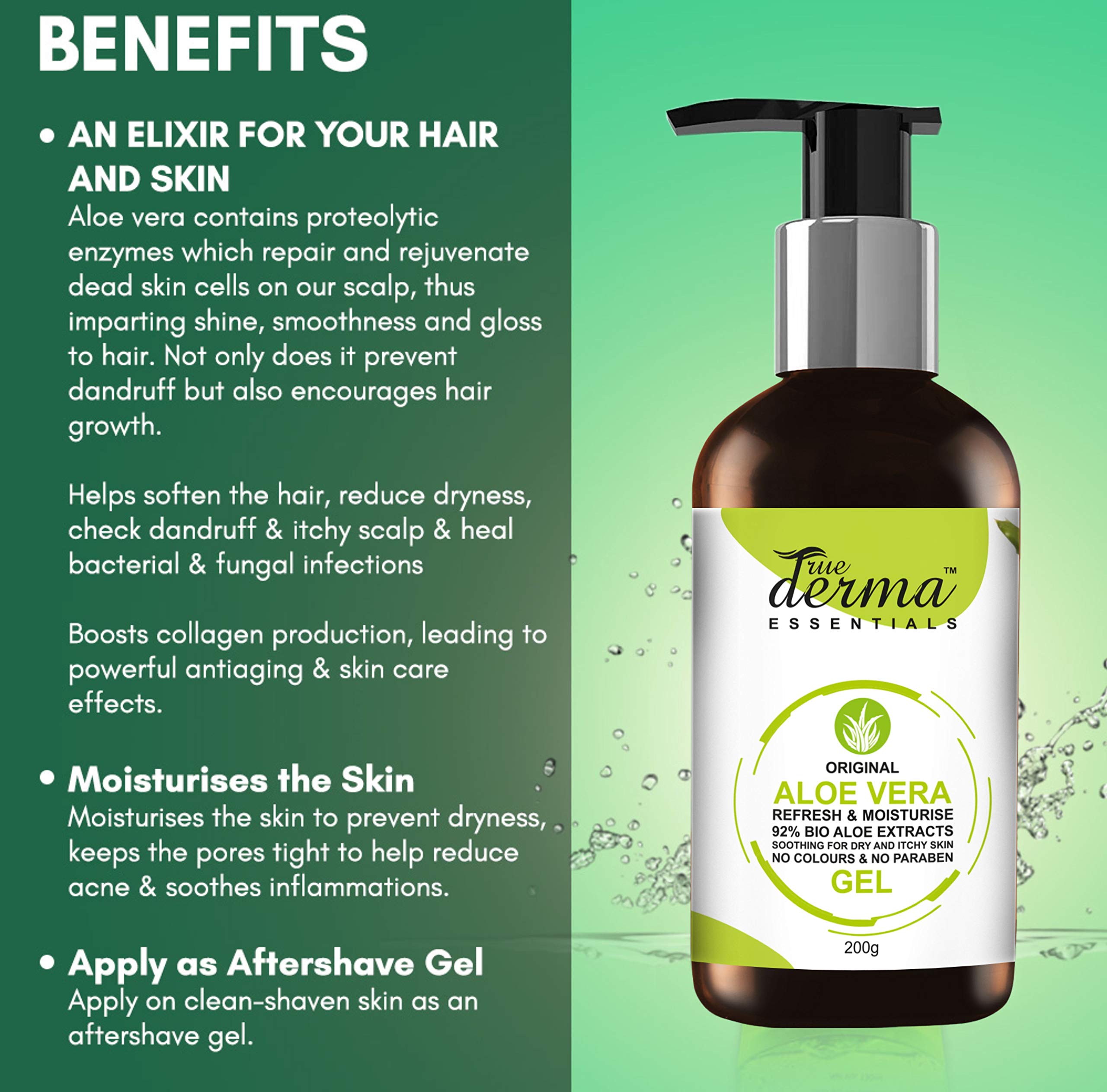 True Derma Essentials Pure Aloe Vera Gel for Face & Body - 6.76 fl oz (200ml) - Soothing Moisturizer for Sunburn, Dry Skin & Hair Care - Natural After Sun Relief & Hydration