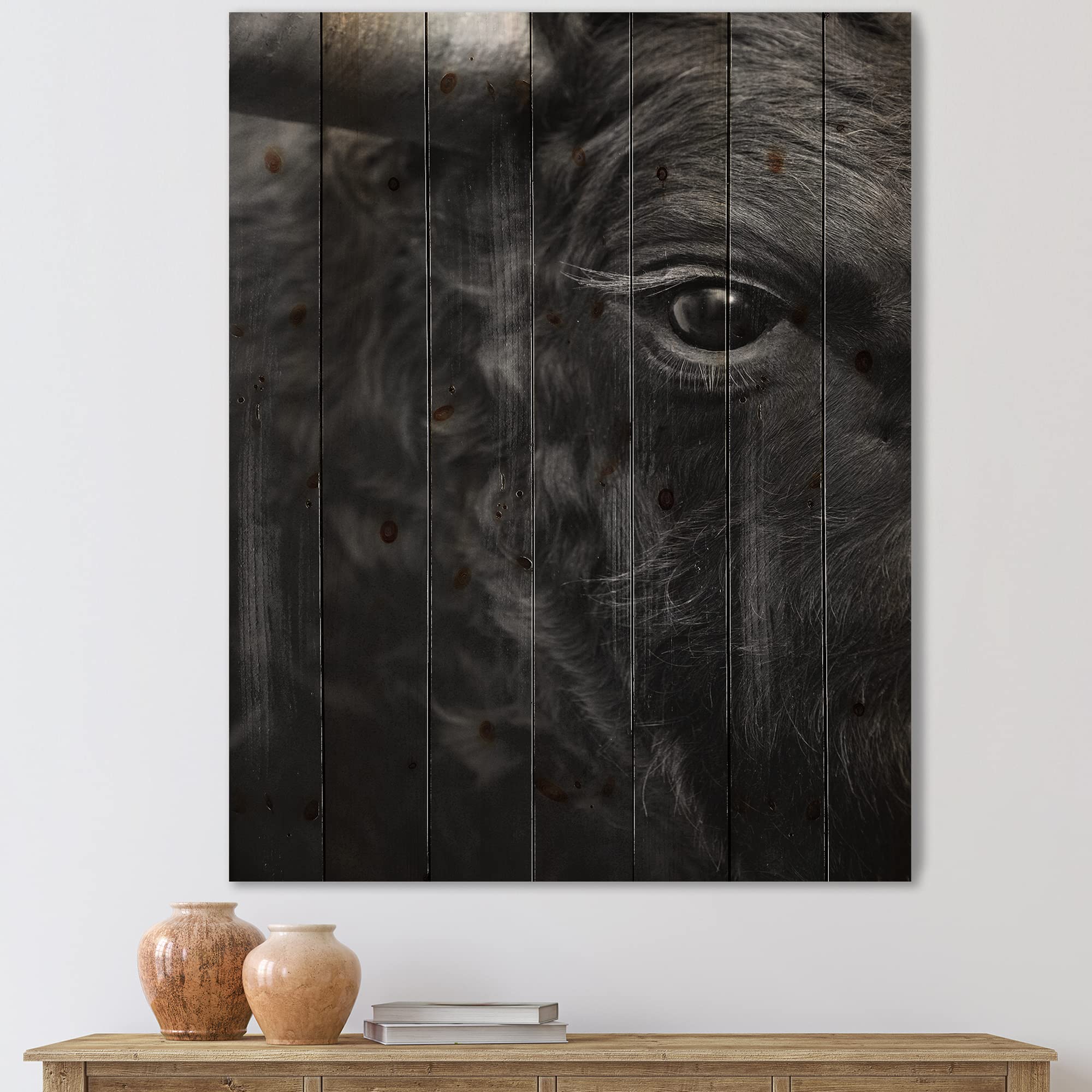 Farmhouse Wood Wall Decor - Bull Eye Design Black Wood Wall Art, Large Animal Print on Natural Pine Wood Panel for Living Room, Bedroom & Office