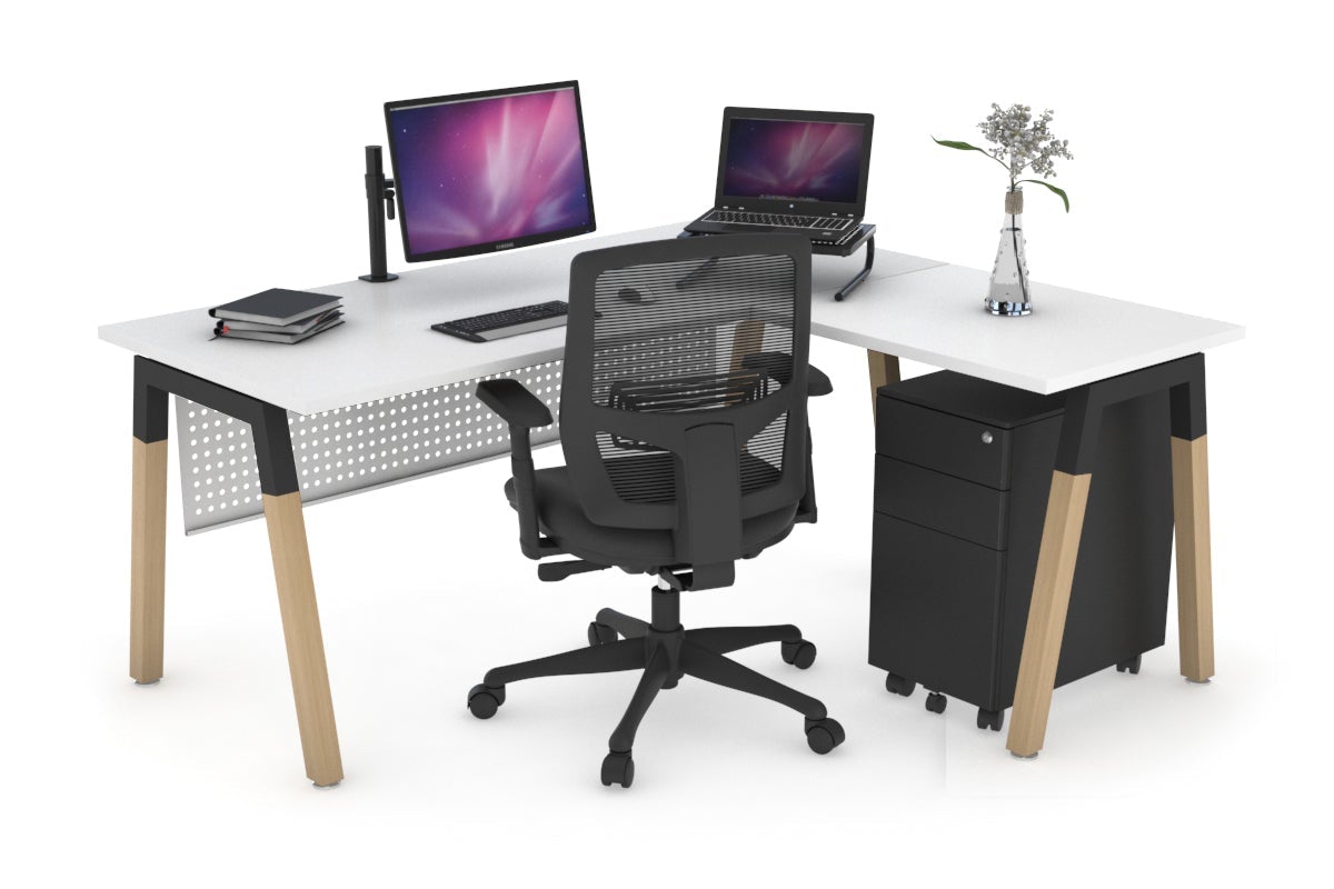 Premium L-Shaped Corner Office Desk with Quadro A Legs & Wood Cross Beam - 1600L x 1700W for Home Office, Study Room & Workspace