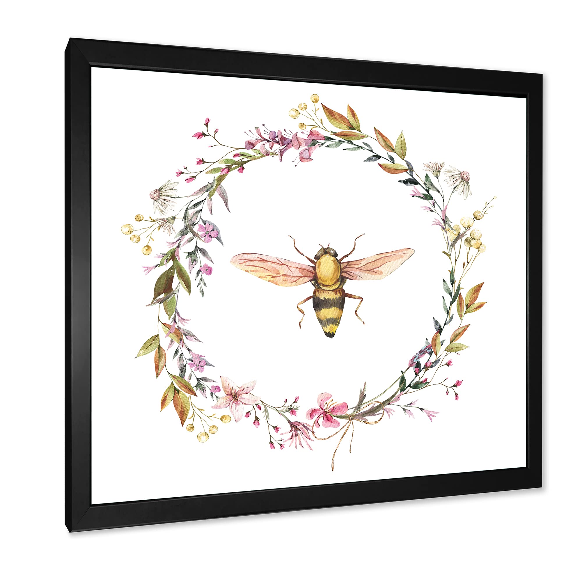 DesignQ Bee In Wildflowers Wreath Farmhouse Framed Wall Art - Rustic Home Decor for Living Room, Bedroom & Kitchen - Perfect Gift for Housewarming & Wedding