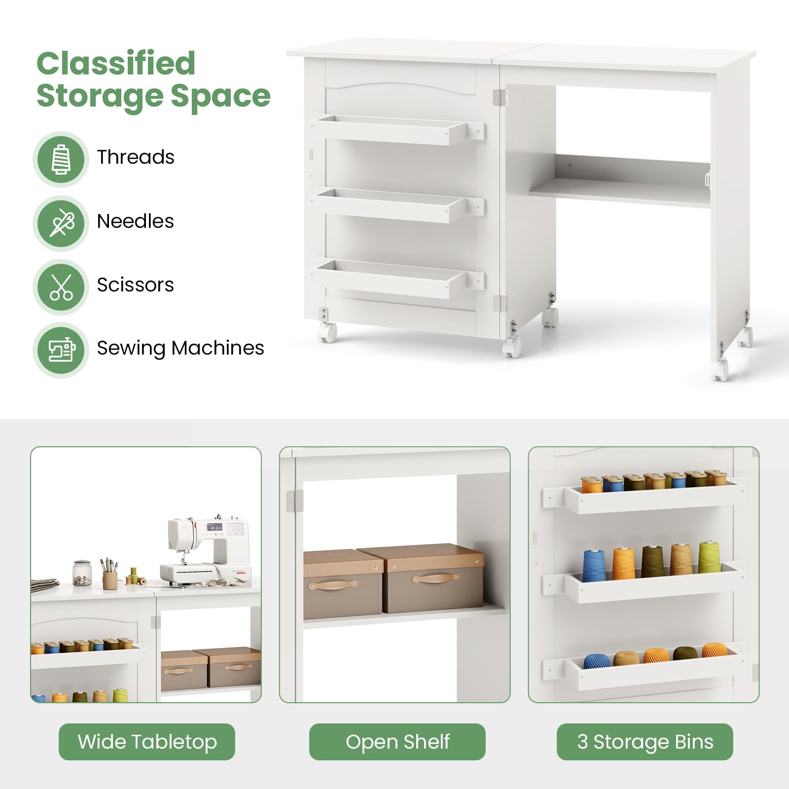 COSTWAY Folding Sewing Table with Lockable Wheels | Multipurpose Craft Station Desk & Display Cabinet with Storage Shelves | Rolling Sewing Machine Desk for Home & Apartment | Perfect for Quilting, DIY Projects & Small Space Organization (White)