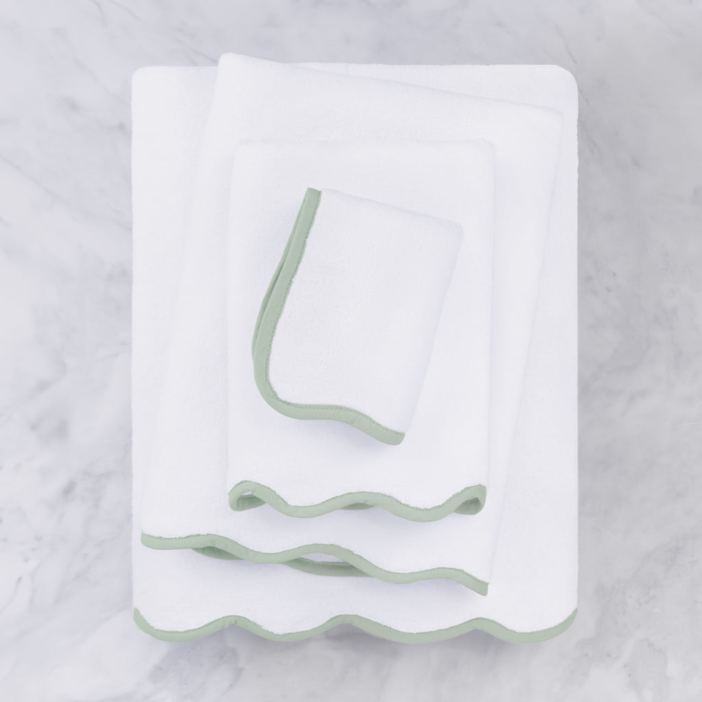 Soft Green Scalloped Plush Washcloths - 12 Pack, Premium White Bath Towels for Baby & Sensitive Skin | Gentle Exfoliation, Spa & Facial Care, Luxury Bathroom Essentials