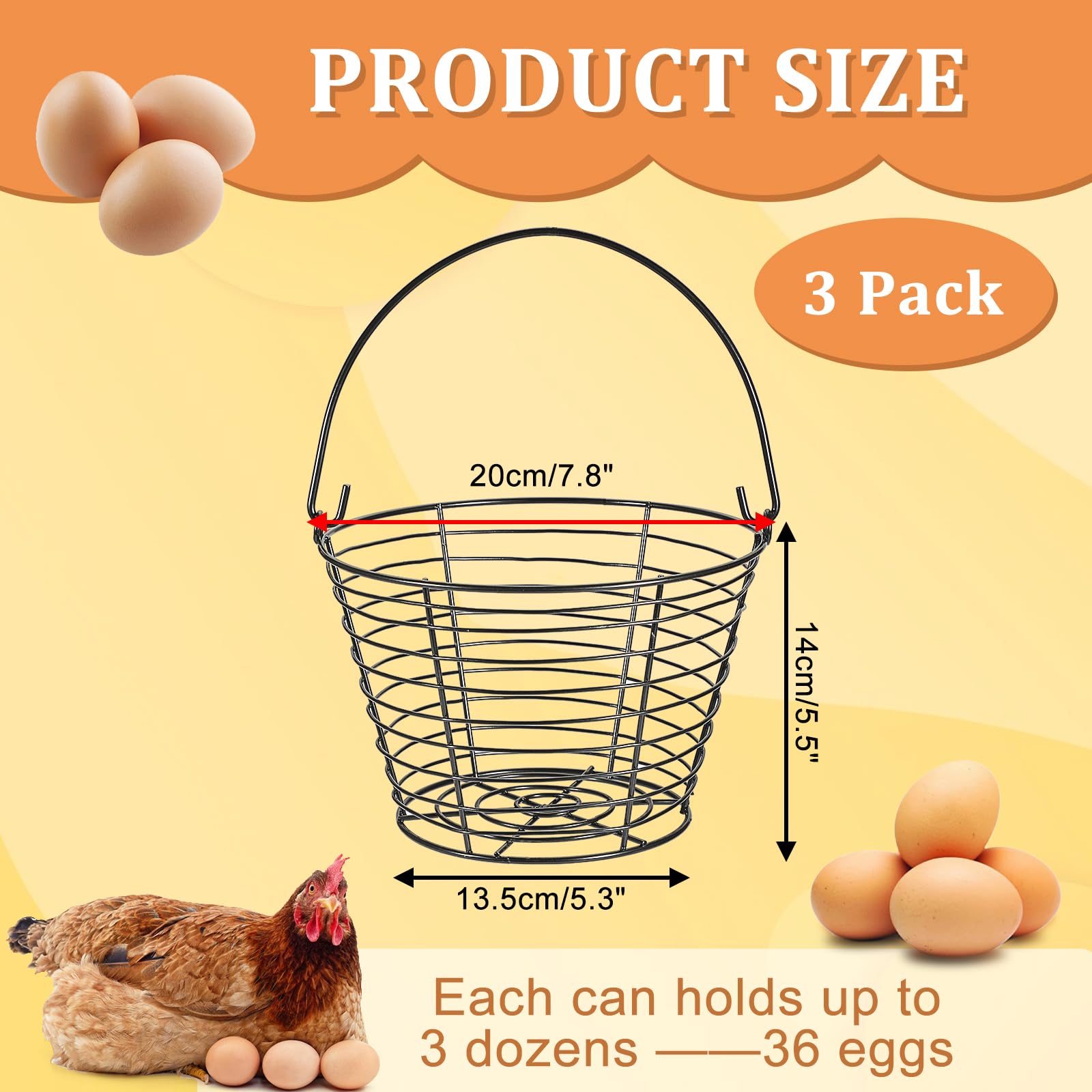 3-Pack 8-Inch Black Round Wire Egg Baskets with Handle - Small Metal Egg Collecting Basket for Chicken & Duck Eggs - Rustic Farmhouse Egg Holder for Kitchen Countertop, Farm, or Farmers Market Display