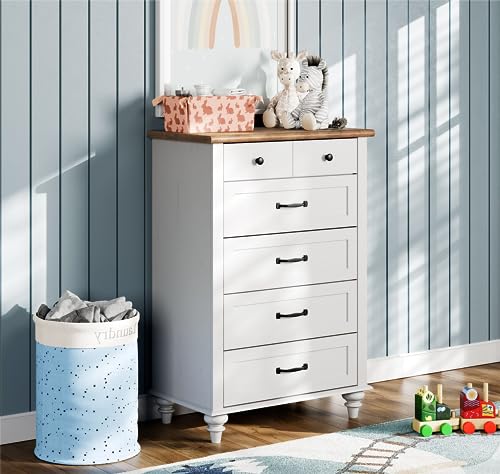 WAMPAT 5-Drawer Tall Dresser for Bedroom - Mid Century Modern Wooden Chest Organizer for Nursery, Kids Room & Living Room - White Dresser with Wide Storage Drawers | Perfect for Clothes, Toys & Home Organization