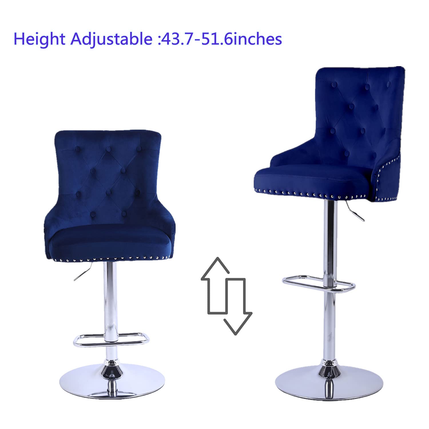 Modern Velvet Bar Stools Set of 4 - Adjustable Height High Back Counter Stools for Kitchen Island, Pub, Bar & Dining Room - Deep Blue Upholstered Seating (Perfect for Entertaining, Breakfast Nooks & Home Decor)