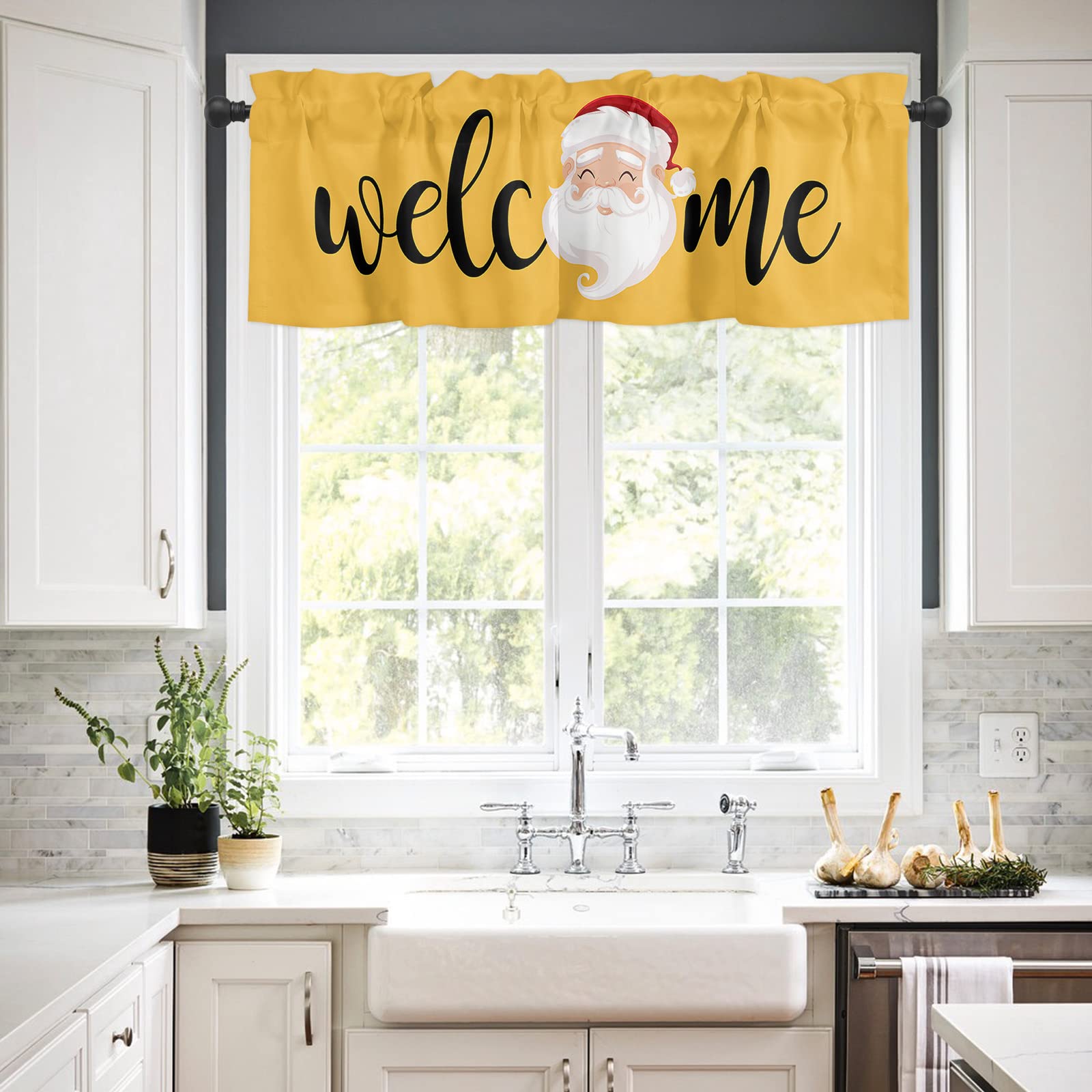 Christmas Santa Kitchen Curtains Set - 24 Inch Half Window Curtains with Rod Pocket, Yellow Merry Christmas Decor for Bedroom, Cafe & Bathroom - Perfect for Holiday Home Decor & Seasonal Window Treatments