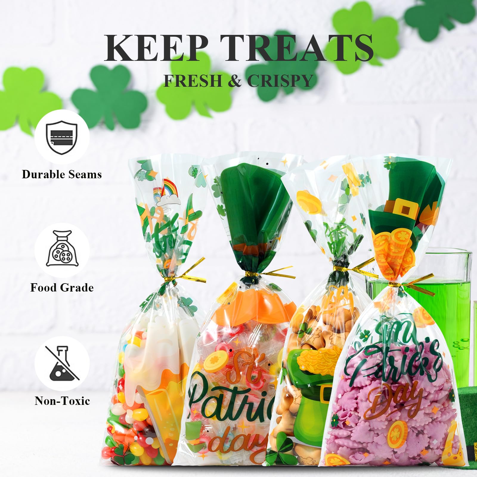 50 Pcs St. Patrick's Day Green Cellophane Treat Bags 5x10.5 Inches - Shamrock Printed Irish Party Favor Bags with Twist Ties for Candy, Cookies & Small Gifts - Perfect for St. Patrick's Day Celebrations, Classroom Treats & Holiday Party Favors