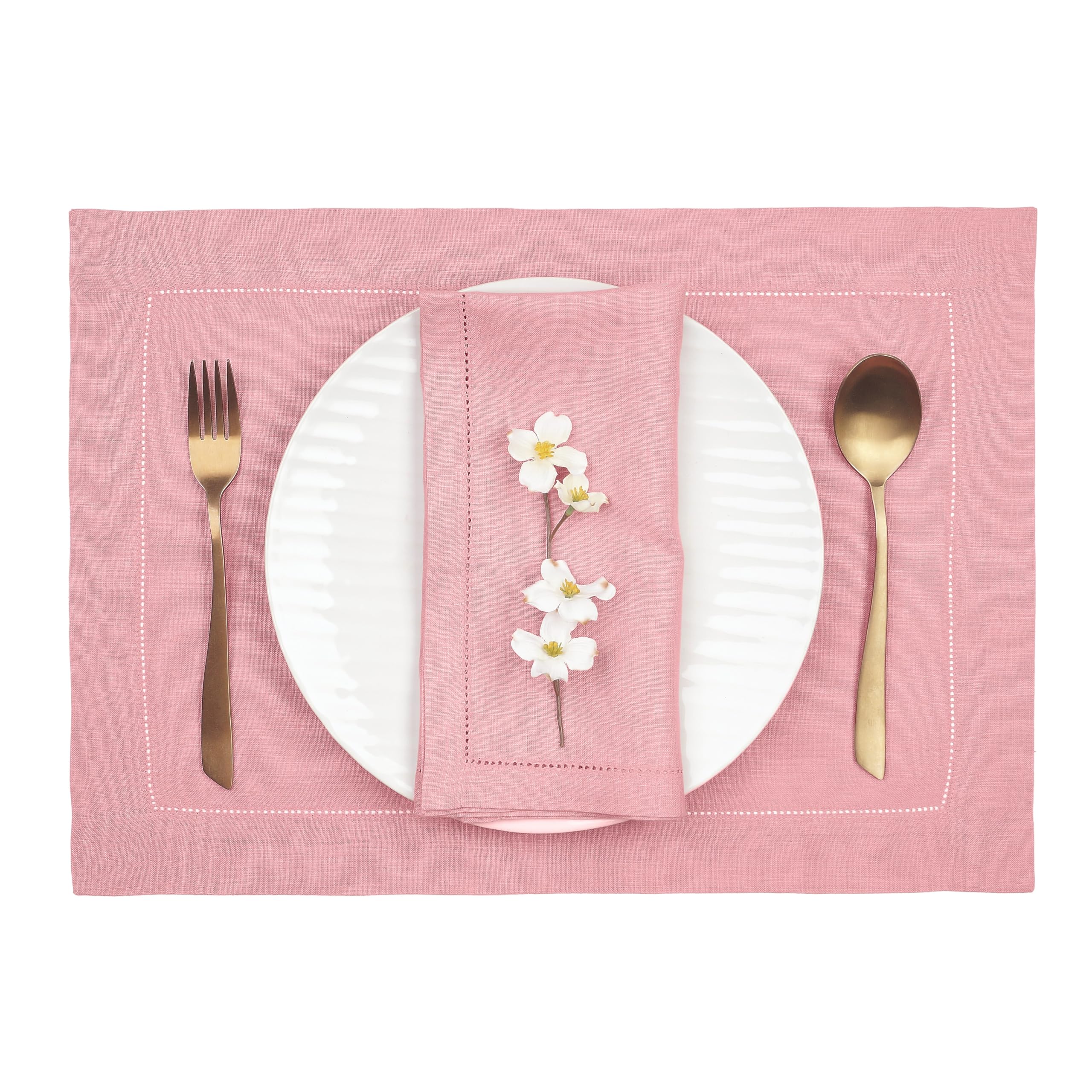 D'Moksha Homes 100% Pure Linen Placemats Set of 4 - 14x19 Inch Dusty Pink Table Mats with Classic Hemstitch, Washable & Durable - Perfect for Easter, Spring Dining, Wedding Decor, and Everyday Table Setting