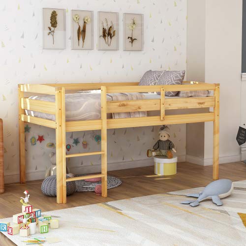 Twin Size Loft Bed with Guard Rail & Ladder - Solid Wood Frame Low Bunk Bed for Kids & Teens - No Box Spring Needed - Perfect for Small Bedrooms, Dorm Rooms & Guest Rooms (Natural Finish)