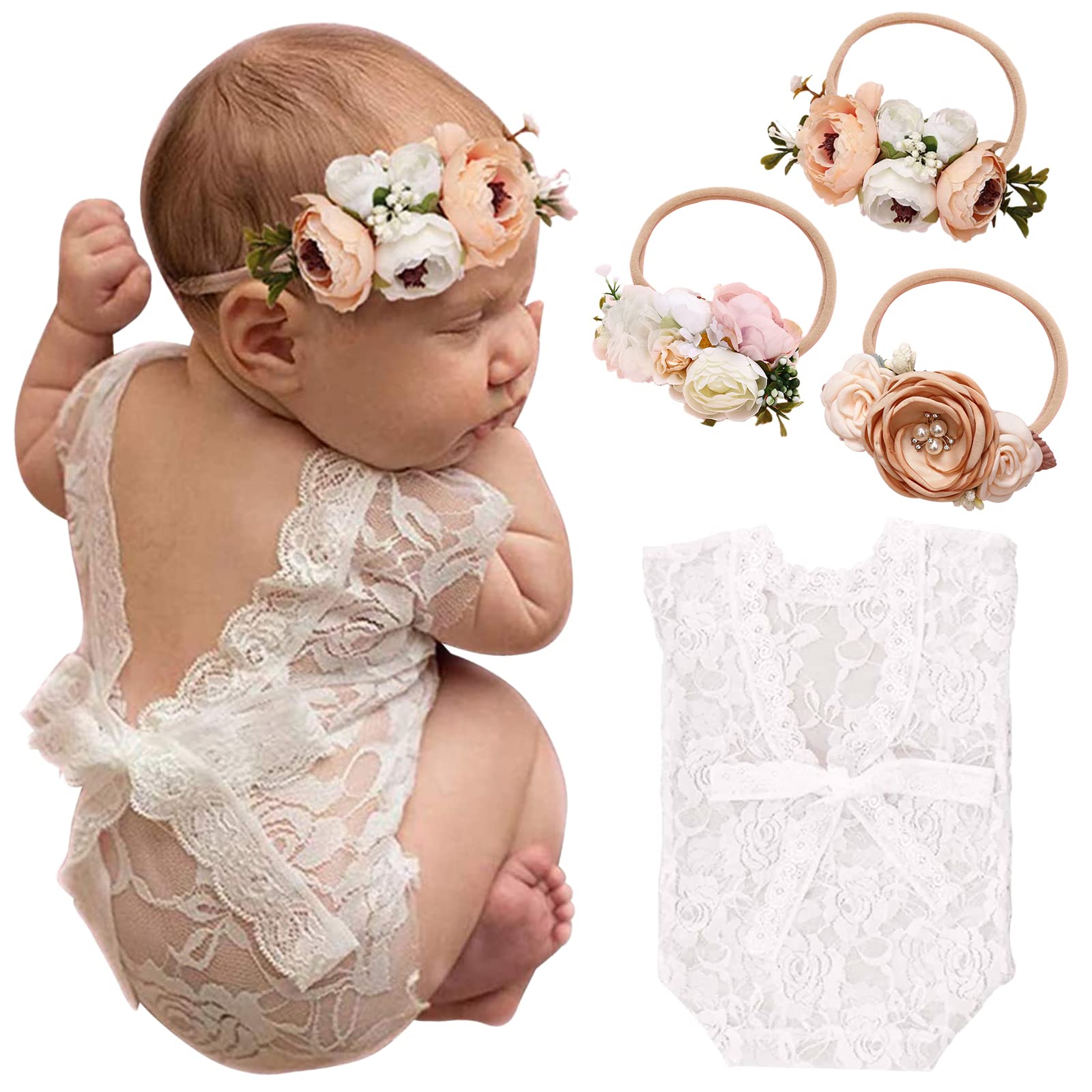 SPOKKI Newborn Baby Cute Lace Romper & Floral Headband Set - Photography Props, Classic Floral Outfits for Newborn Photo Shoots, Baptism, and Special Occasions