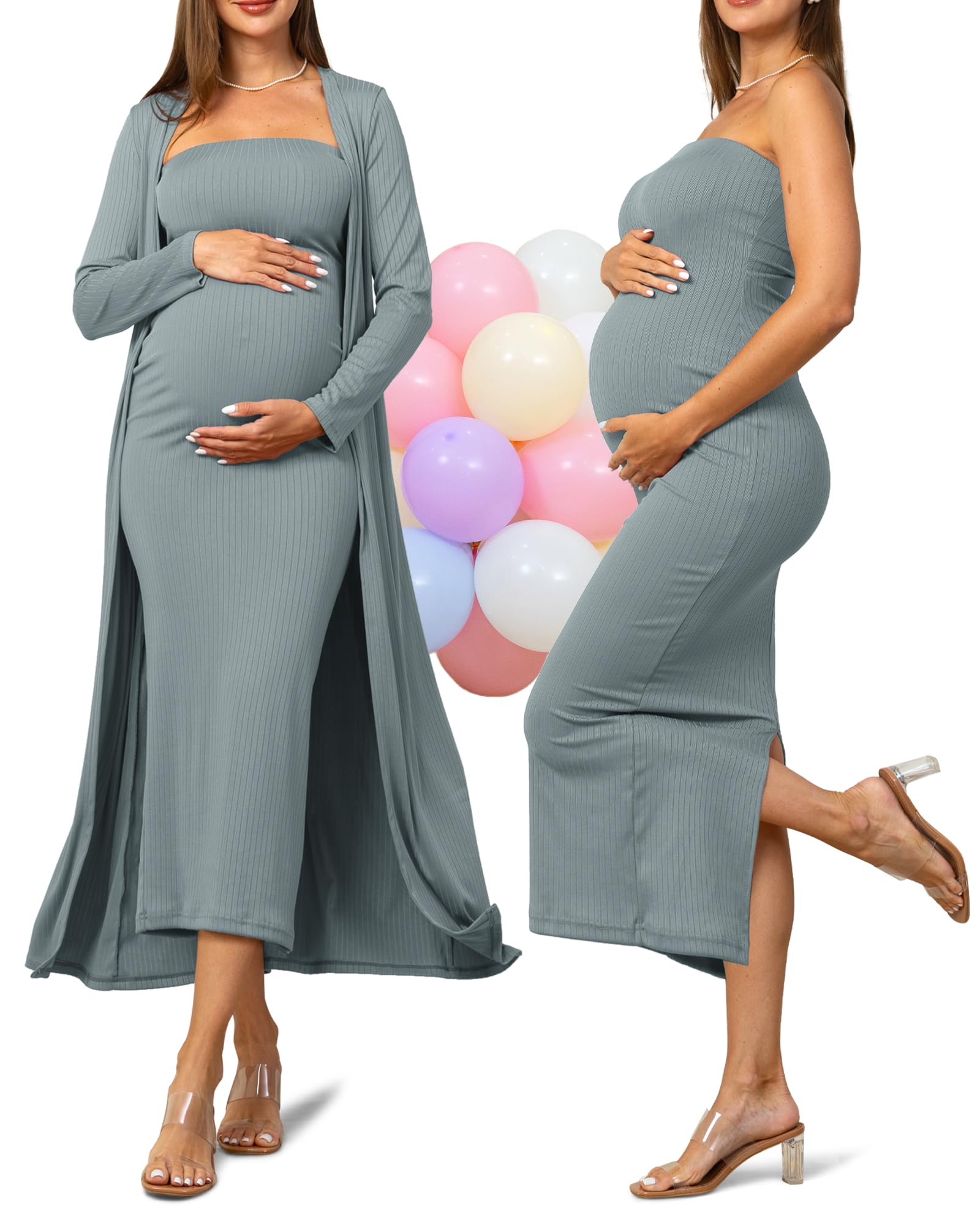 RNXRBB 2-Piece Maternity Dress Set - Flowy Cardigan & Tube Dress for Baby Shower, Wedding Guest, Summer Pregnancy Photos | Gender Reveal, Maternity Photoshoot & Special Occasions