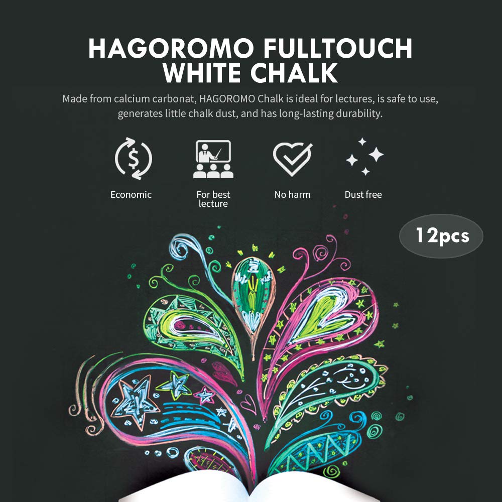Hagoromo Fulltouch Color Chalk - 12 Piece White Chalk Set for Teachers, Classrooms & Artists - Dustless Non-Toxic Chalk for Blackboards, Sidewalks & Creative Drawing
