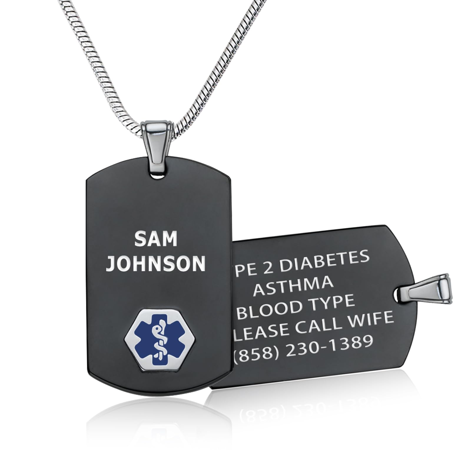 Divoti Custom Engraved Medical Alert Necklace for Men - Chic Black & Silver Medical ID Jewelry for Emergency Health Conditions (Ideal for Diabetes, Allergies & Heart Conditions)