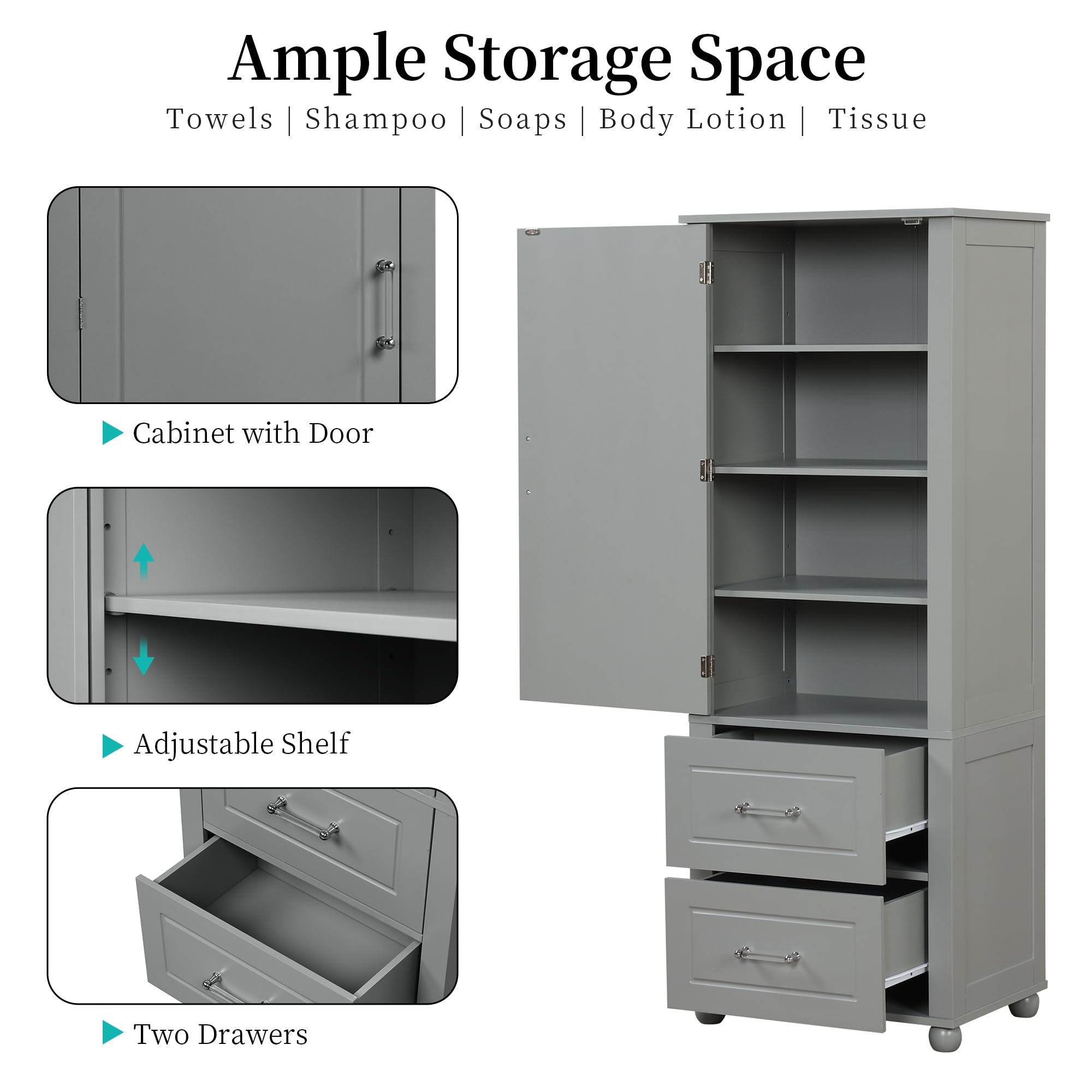 Tall Narrow Storage Cabinet with 2 Drawers & 2 Adjustable Shelves - Freestanding Wood Organizer for Bathroom, Kitchen, Office - Space Saving Grey Cabinet (Perfect for Small Spaces, Apartment Storage & Home Organization)
