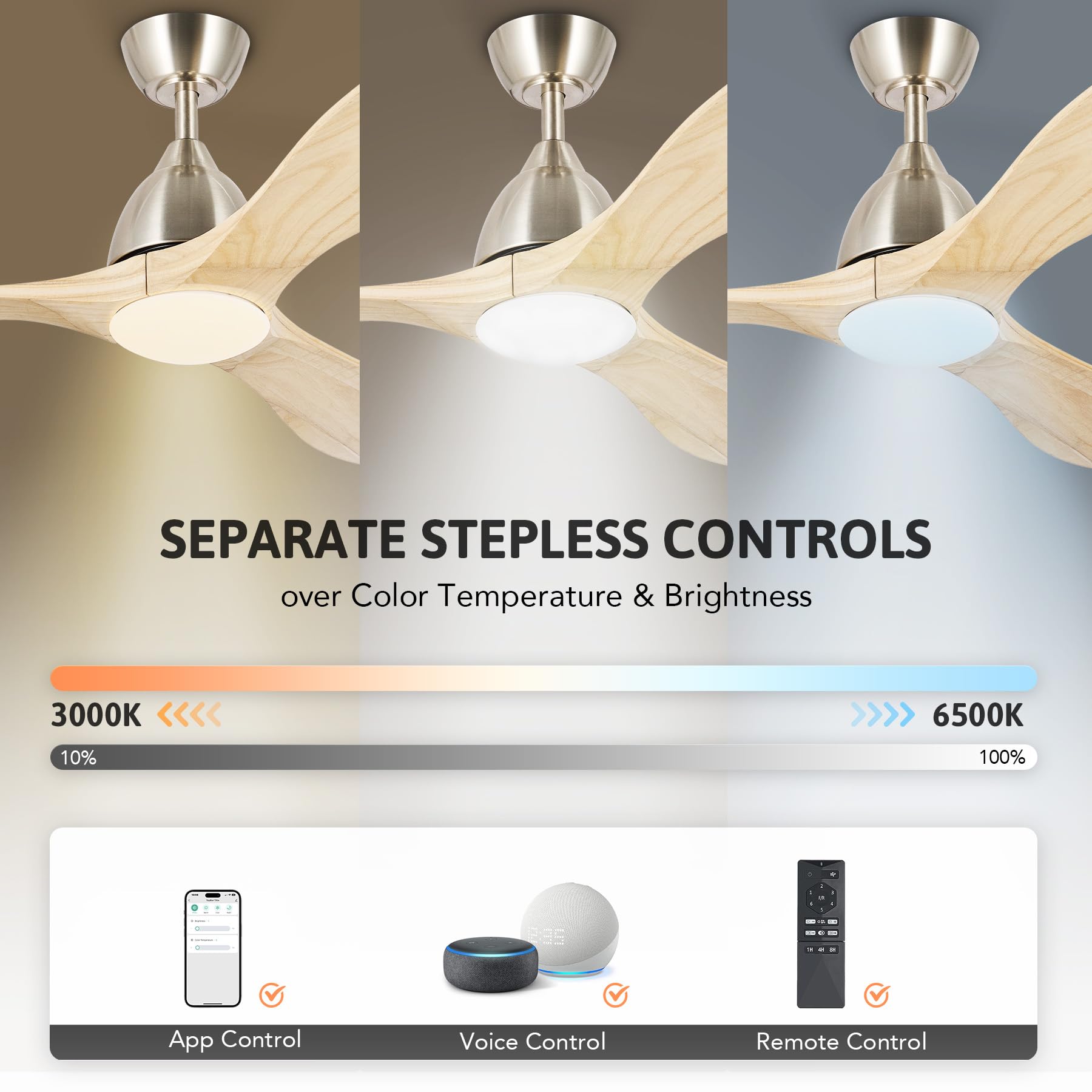 VONLUCE 52 Inch Smart Ceiling Fan with Light - Remote/APP/Alexa Control, 3 Blades, 6 Speeds, Quiet Reversible DC Motor, Wood Finish - Perfect for Bedroom, Living Room & Farmhouse (Nickel)