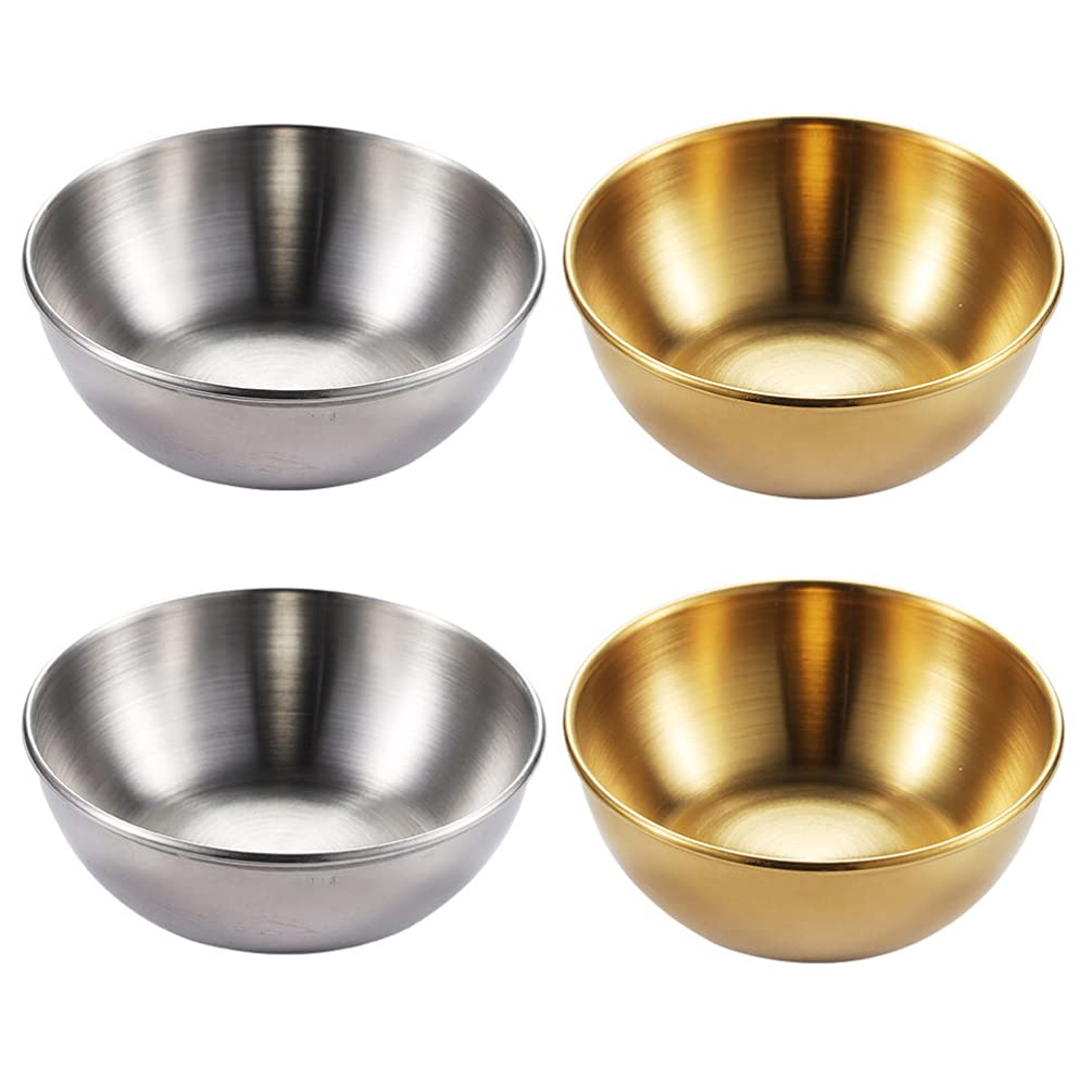 4-Piece Stainless Steel Seasoning Dishes Set - Round Sushi Dipping Bowls & Mini Appetizer Plates for Restaurant & Home Kitchen (Gold/Silver) | Perfect for Condiments, Soy Sauce, Sushi, Snacks & Party Serving