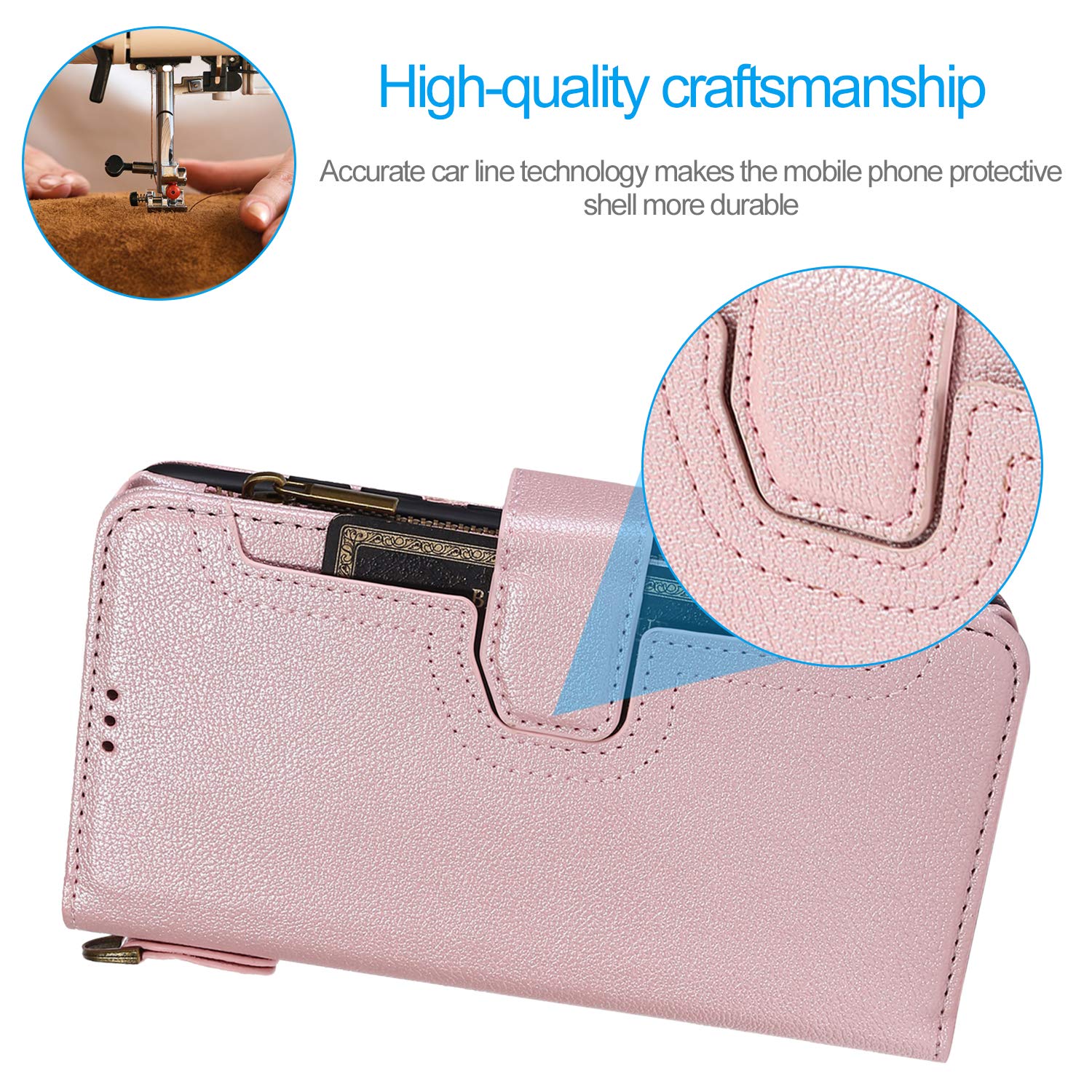 Premium Leather Wallet Case for Samsung Galaxy A41 - Card Holder, Kickstand, Wrist Strap & Magnetic Closure | Large Capacity Zipper Purse | Perfect for Work, Travel & Everyday Use (Rose Gold)