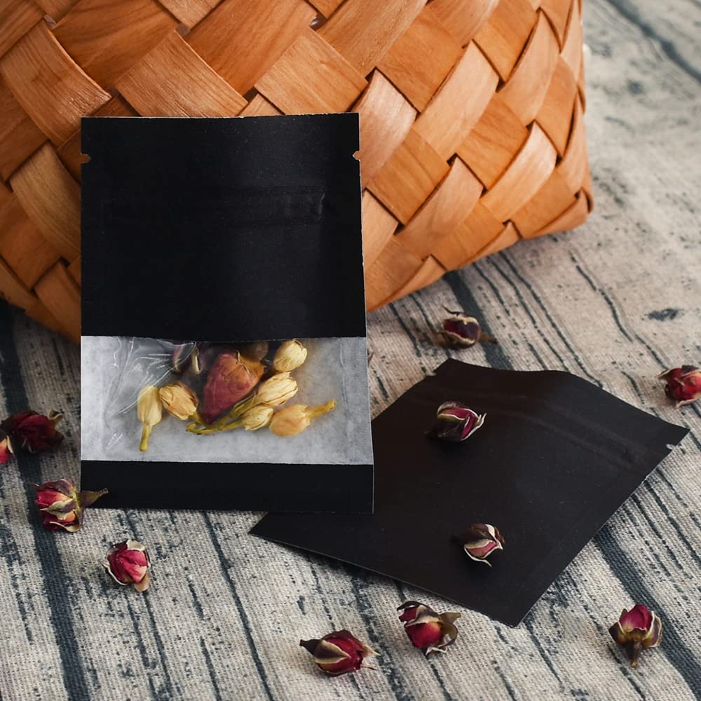 BEISHIDA 100 Pack 3.5 Inch Kraft Paper Resealable Bags with Clear Window - Small Airtight Heat Sealable Packaging Bags for Storage, Sample, Seed, Spice (Black) | Perfect for Food Storage, Craft Supplies & Small Item Organization