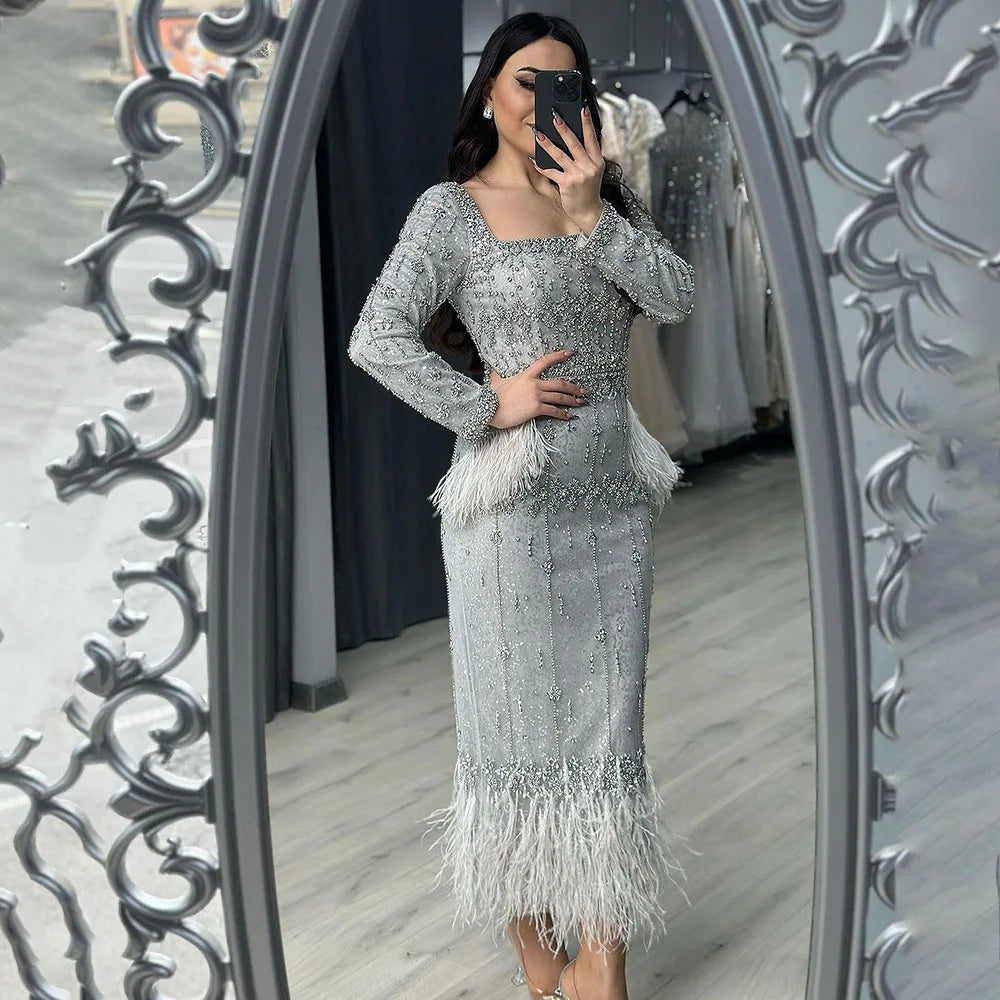 Elegant Silver Gray Mermaid Tea Length Evening Dress with Feathers - LA71669L - Perfect for Prom, Cocktail Parties & Formal Events
