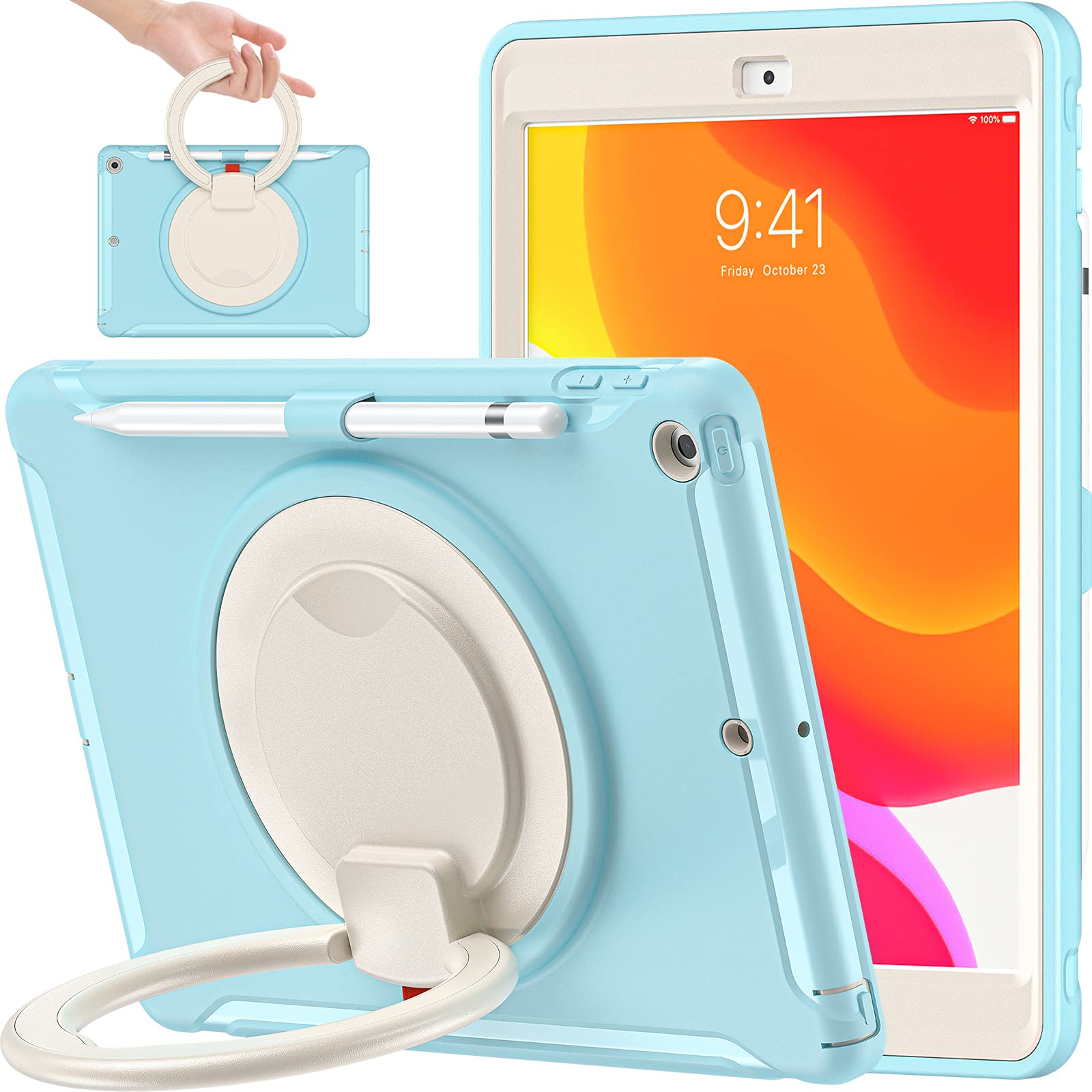 BATYUE Rugged iPad Case for 9th/8th/7th Gen (10.2-inch 2021/2020/2019) with Screen Protector, Rotating Stand & Pencil Holder - Frozen Blue | Perfect for Work, Study & Travel Protection