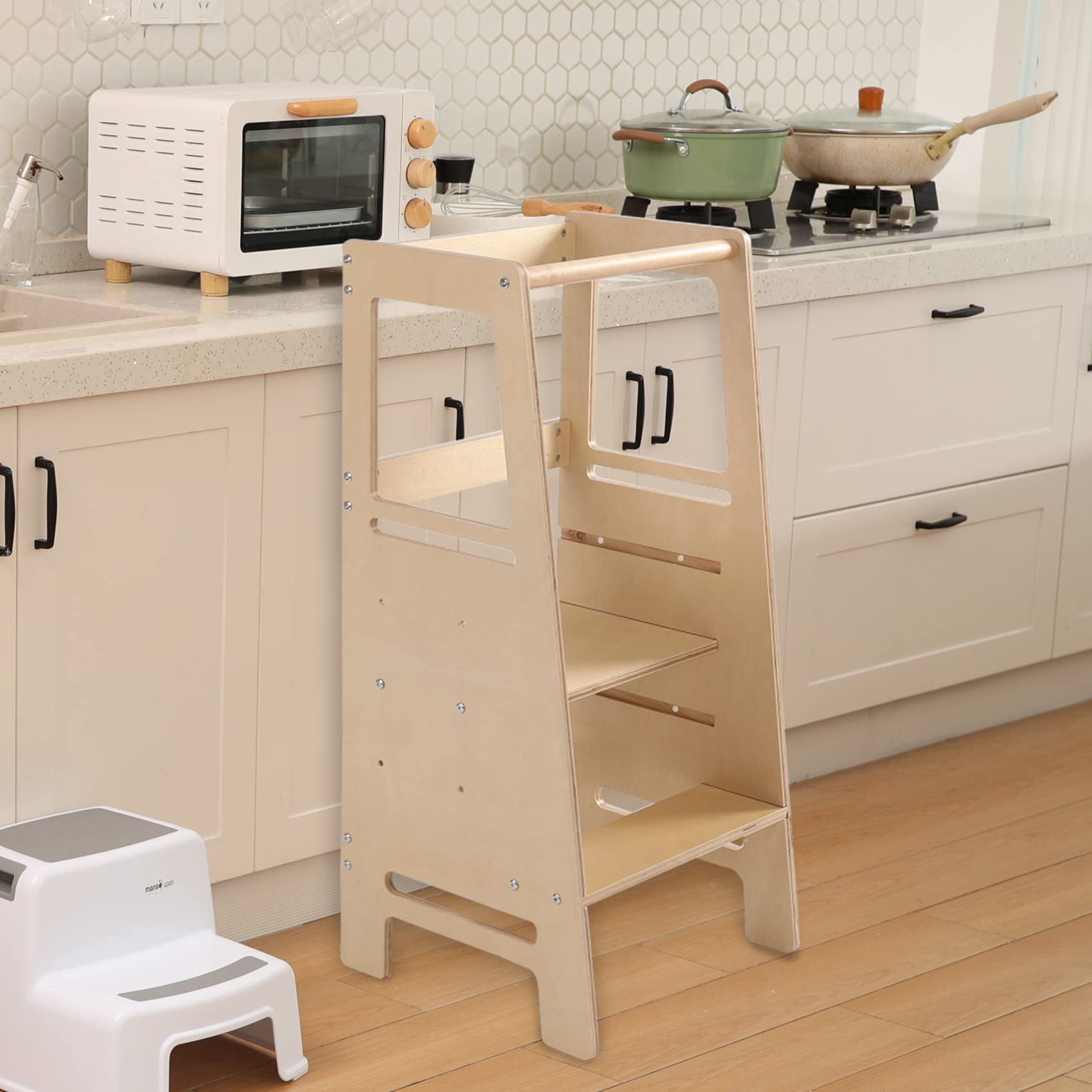 Solid Wood Adjustable Height Kids Step Stool with Safety Rail - Toddler Learning Tower for Kitchen Counter, Bathroom Sink, and Craft Table Helper