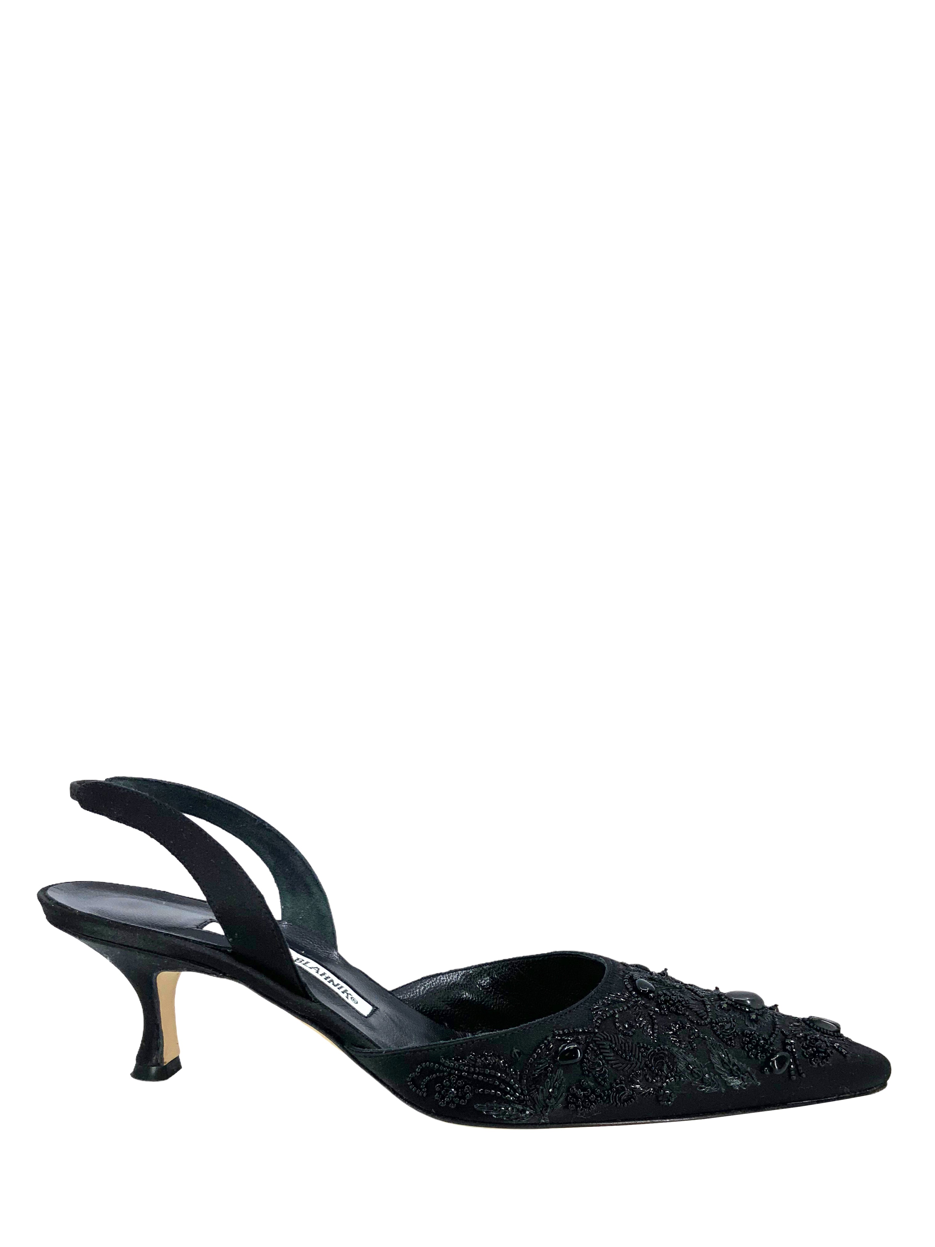 Manolo Blahnik Embellished Satin Slingback Pumps - Women's Size 10 Luxury Heels for Weddings, Parties & Special Occasions