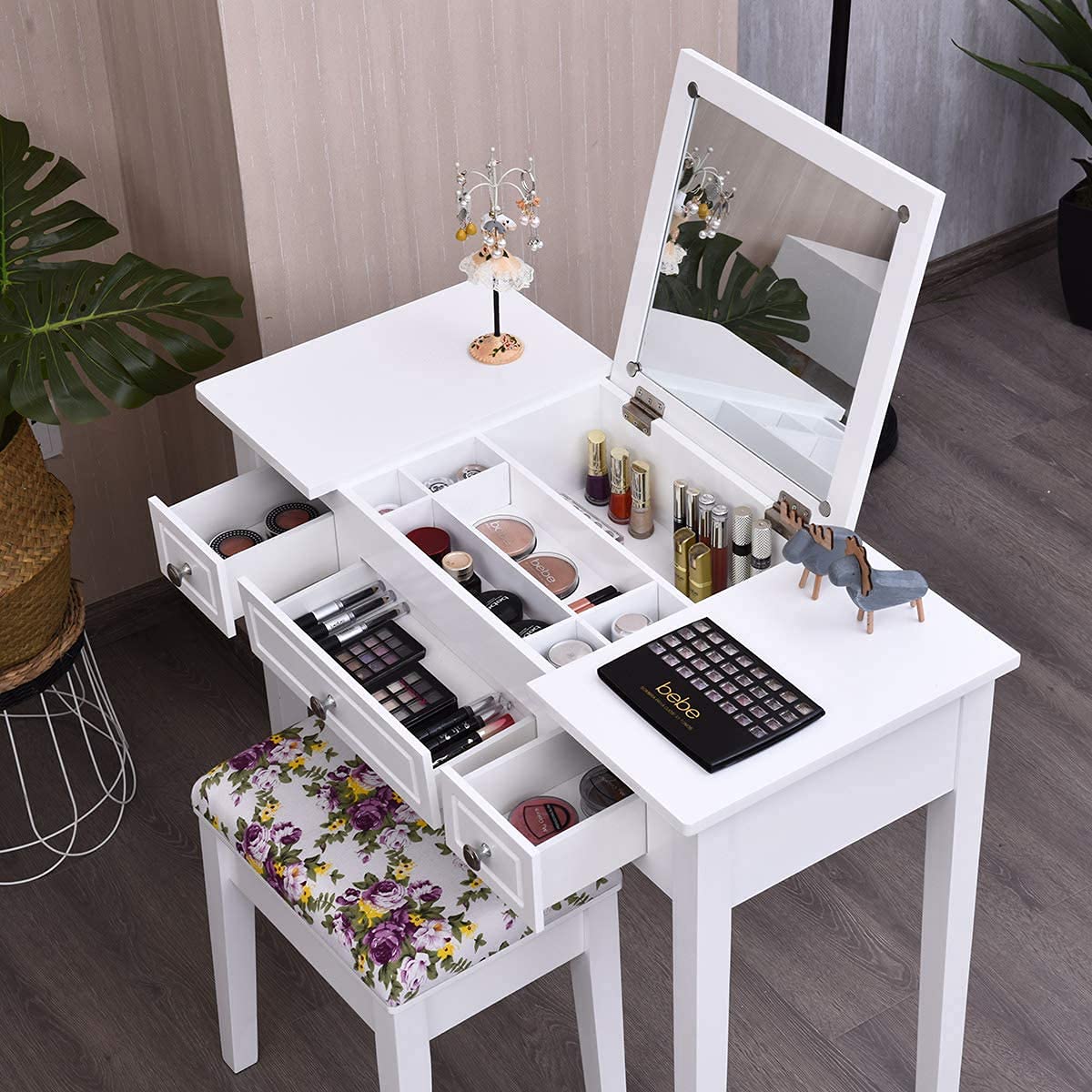 Byroce Vanity Set with Bench - White Dressing Table with Flip Top Mirror, 3 Drawers & 7 Compartments, Makeup Desk & Writing Table with Cushioned Stool for Bedroom, Living Room & Home Office - Perfect for Makeup Application, Skincare Routine, and Elegant Home Decor