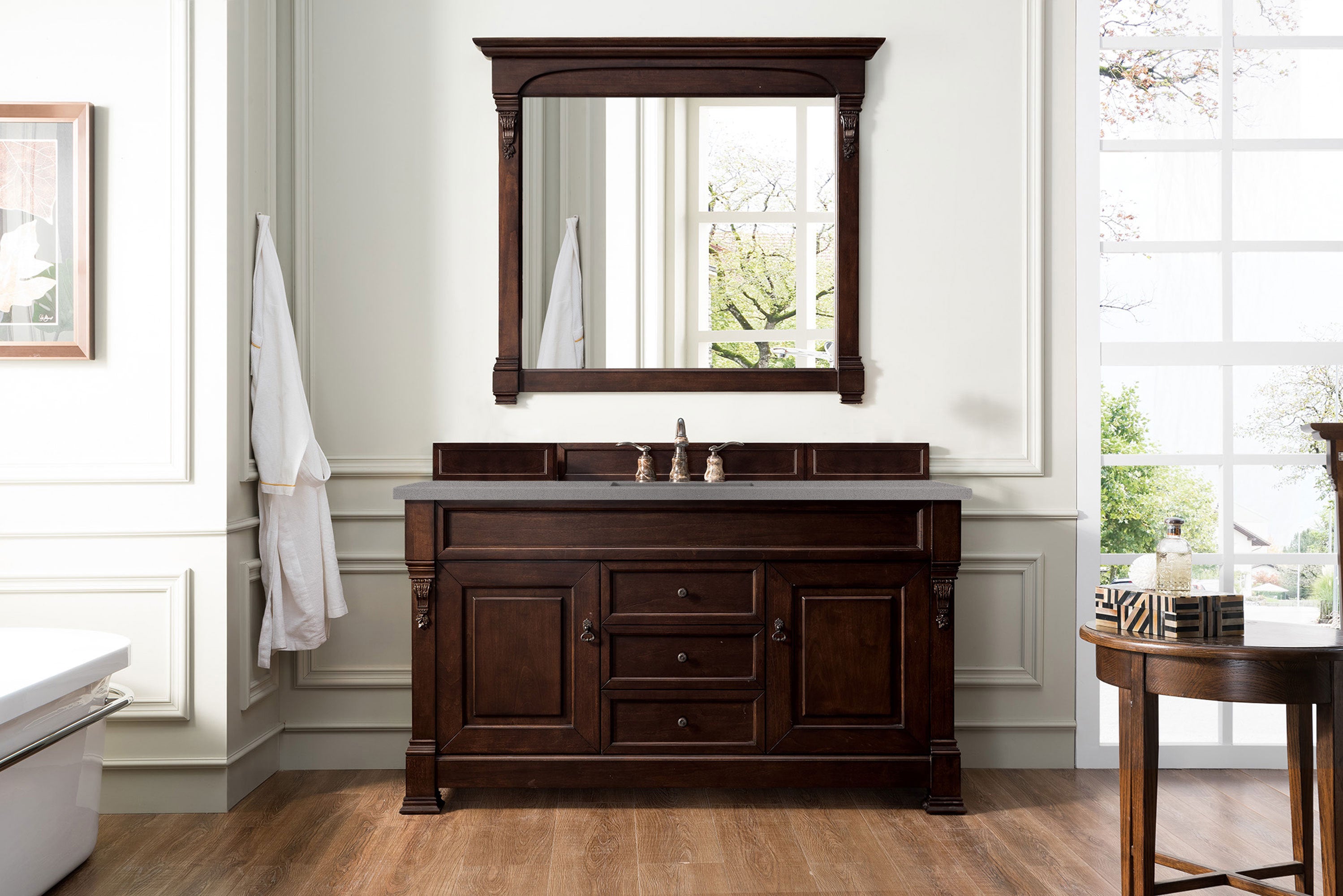 **Brookfield 60-Inch Single Bathroom Vanity with Burnished Mahogany Finish & 3CM Grey Expo Quartz Top – Perfect for Modern Master Bathrooms & Guest Suites**