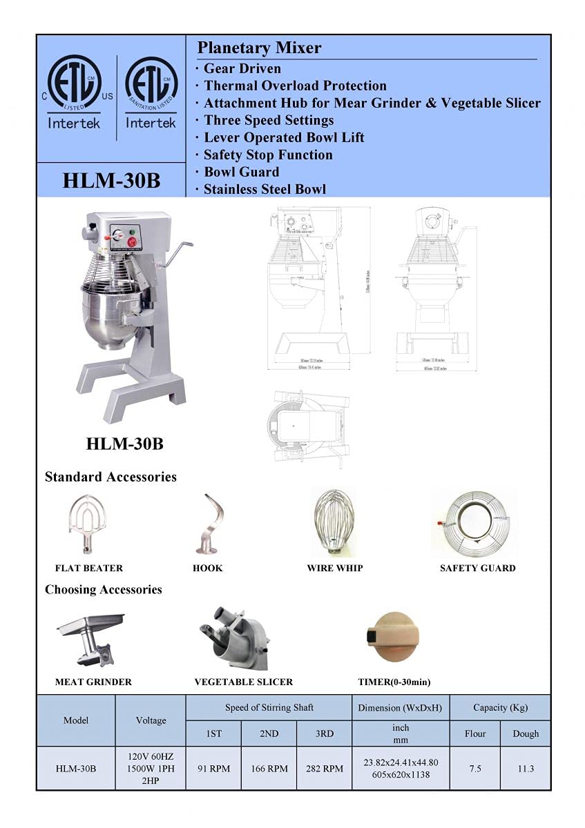 30-Quart Commercial Mixer - Heavy Duty Stand Mixer for Bakery, Pizza Dough & Food Prep | NSF Certified | Restaurant & Kitchen Use (HLM-30B-B30dup) | Perfect for Bakeries, Pizzerias & Catering Businesses