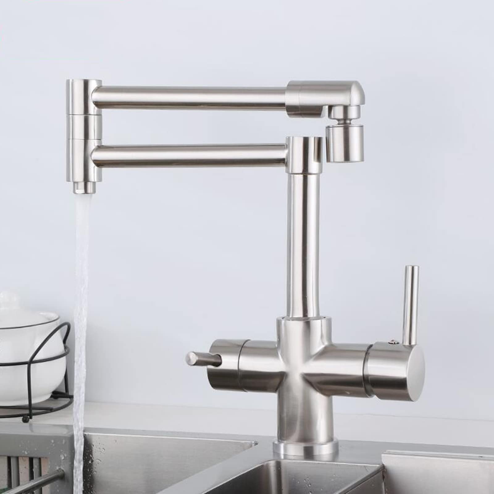 3 in 1 Brass Kitchen Faucet with Water Filter - Foldable Drinking Faucet, Brushed Nickel Finish, Multi-Functional Mixer Tap | Perfect for Modern Kitchens, RV Camping & Small Spaces