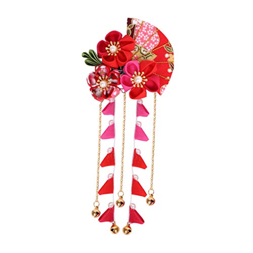 Japanese Kimono Flower Hair Clips with Tassel - Traditional Kanzashi Hair Ornaments for Women - Elegant Red Hair Accessories for Weddings, Tea Ceremonies & Cosplay