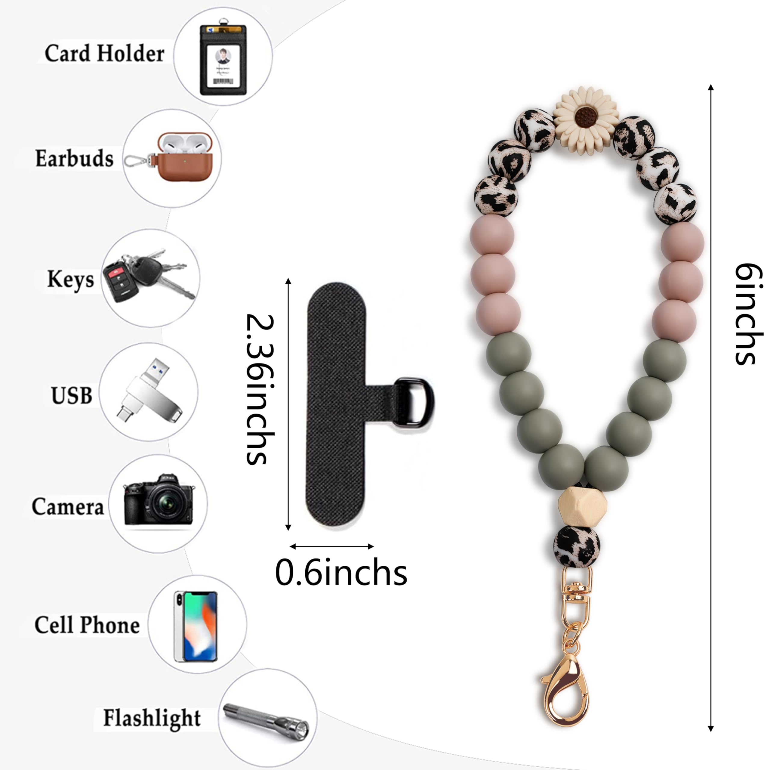 Silicone Beaded Phone Wrist Strap with Tether Tab - Elastic Hands-Free Phone Wristlet Strap for Smartphones (Daisy Leopard) - Perfect for Gym, Running, Shopping & Travel