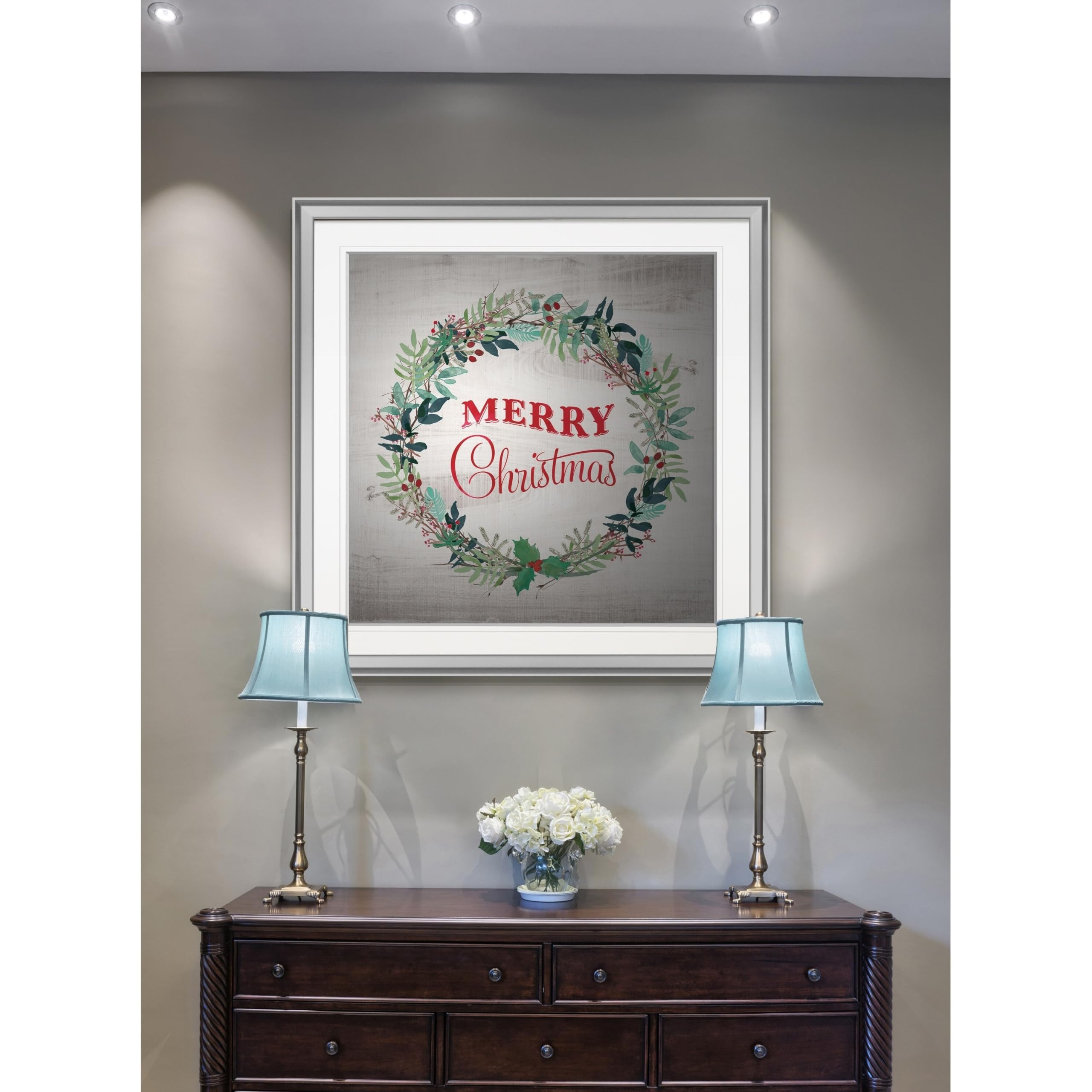 Wexford Home Merry Christmas Wreath - Custom Framed Holiday Wall Art Print in Blue, White, Grey, Yellow, Green, Silver & Gold - 38x38 Inch Christmas Decor for Living Room, Front Door & Holiday Party Decoration