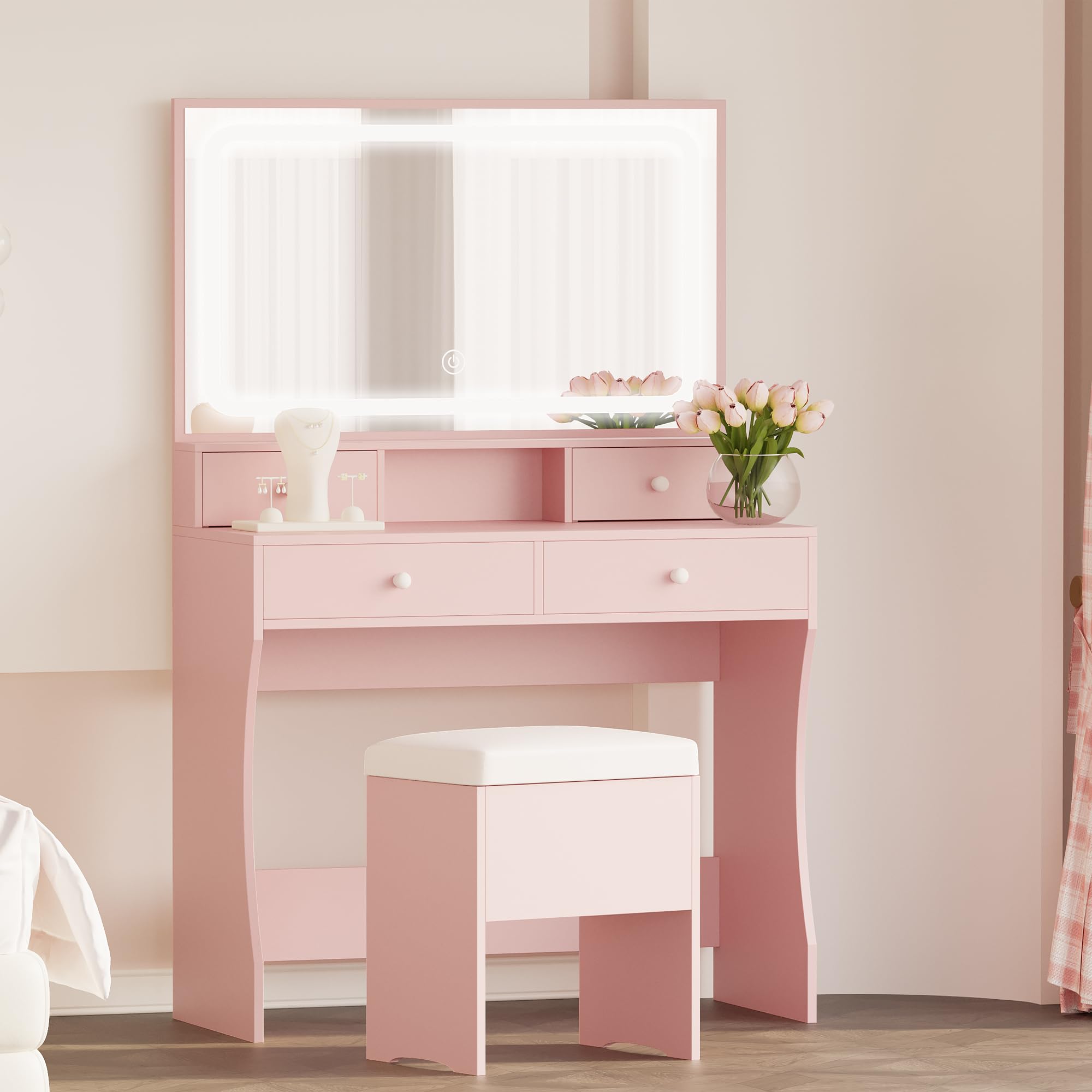 IRONCK Vanity Desk with LED Lights & Mirror, 4-Drawer Makeup Dressing Table with USB Charging Station & Storage Stool, Pink Bedroom Vanity Set for Women - Perfect for Makeup Application, Jewelry Organization & Home Decor