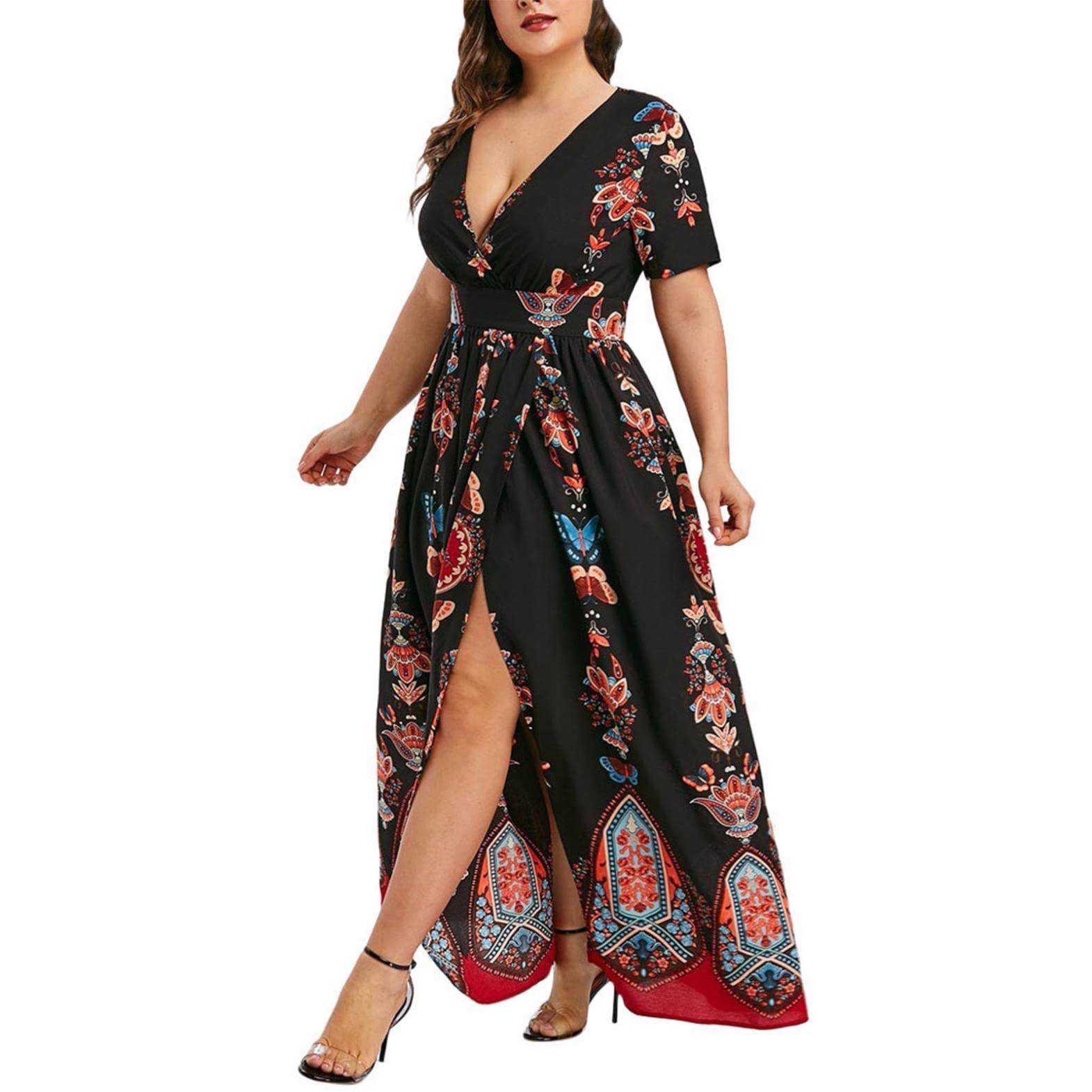 UOCUFY Women's Casual Loose Long Maxi Dress - Short Sleeve Plus Size Slit Summer Dress for Beach, Vacation & Everyday Wear