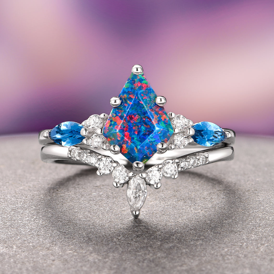 Skye Kite™ Blue Fire Opal & Topaz Engagement Ring Set in 14K White Gold - Elegant Wedding & Promise Ring for Women, Perfect for Proposals, Anniversaries & Special Occasions