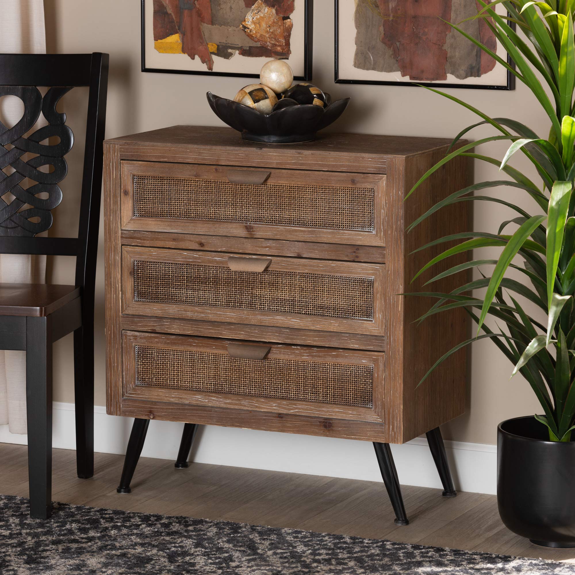 Baxton Studio Calida Mid-Century Modern 3-Drawer Storage Cabinet - Whitewashed Natural Brown Wood & Rattan - Perfect for Bedroom, Living Room, or Home Office Organization