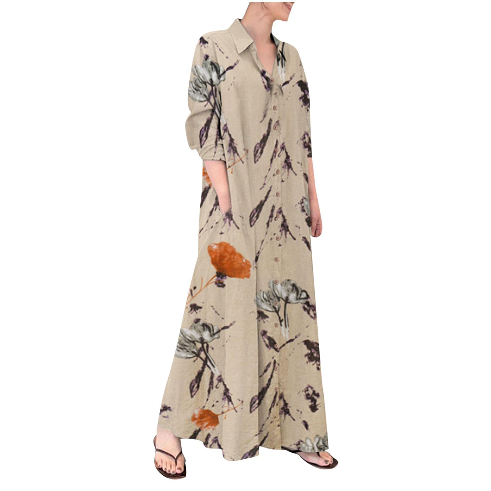 Vintage Cotton Linen Plaid Print Maxi Dress for Women - Loose Casual Long Sleeve Button Down Dress with Pockets | Perfect for Autumn Outfits, Beach Cover Ups & Boho Fashion