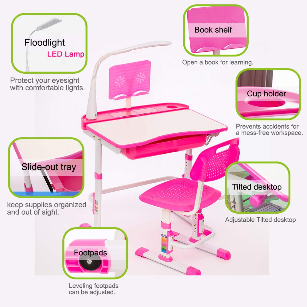 Adjustable Kids Study Desk and Chair Set with LED Lamp, Bookstand & Storage Drawer - Ergonomic Children's School Desk for Boys & Girls (Pink) - Perfect for Homework, Reading & Online Learning