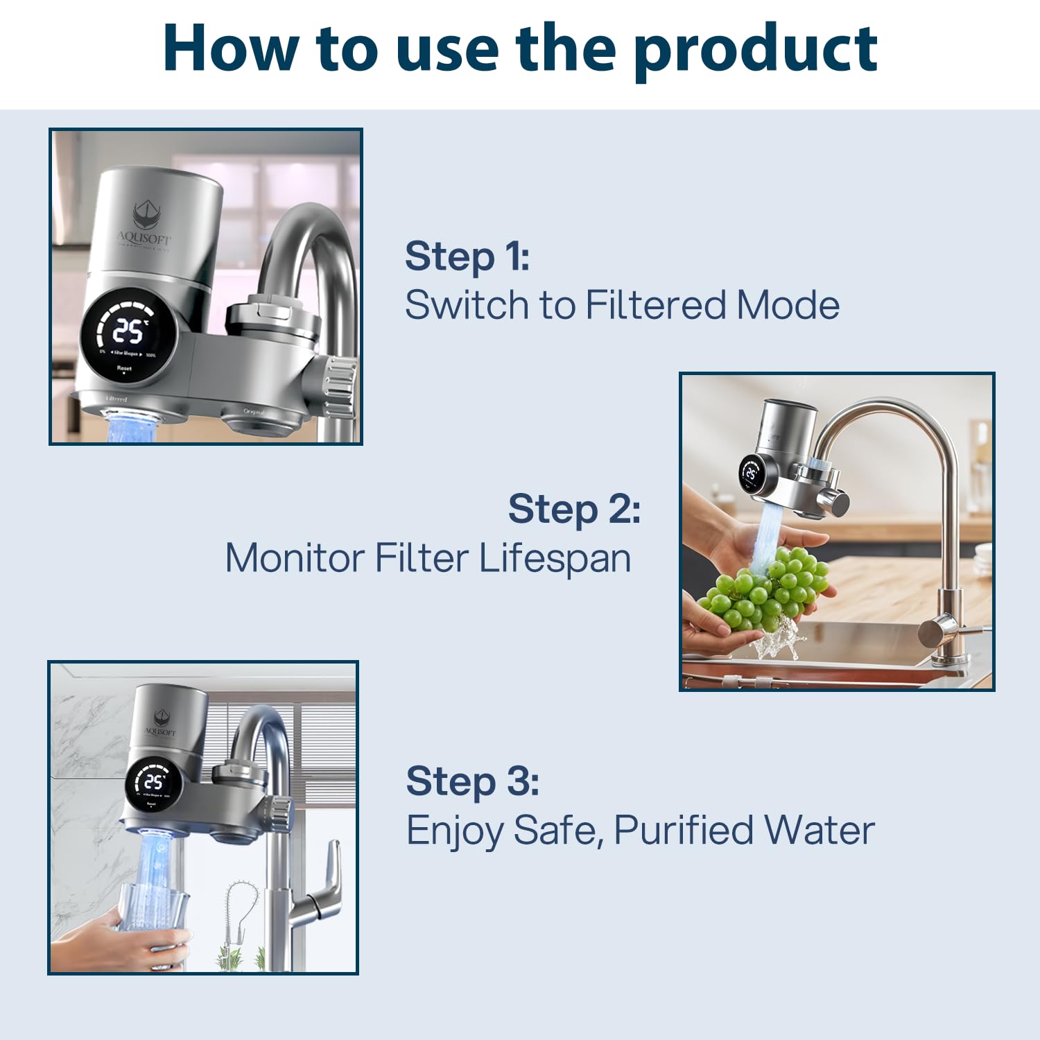 AQUSOFT Faucet Mount Water Filter with LED Indicator - 99% Filtration, Removes Impurities, Fits Standard Faucets | Includes 1 New 2.0 Filter Element | Perfect for Kitchen Sink, RV, Camping & Emergency Water Purification