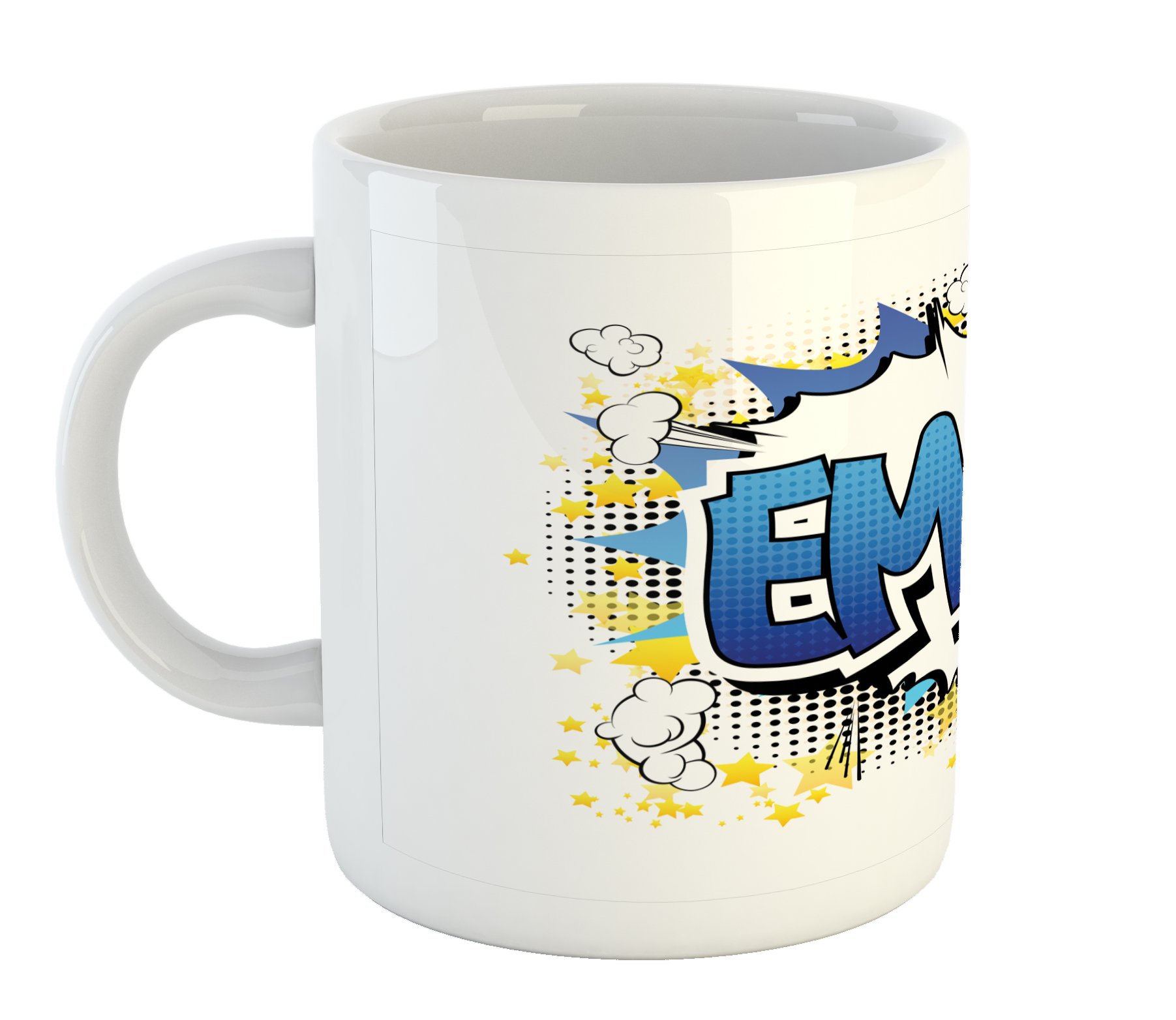 Ambesonne Emma Mug - Cartoon Stars & Burst Design Ceramic Coffee Cup for Teen Girls - 11 oz Yellow & Black - Perfect for Tea, Coffee & Hot Chocolate at School, Dorm or Sleepovers